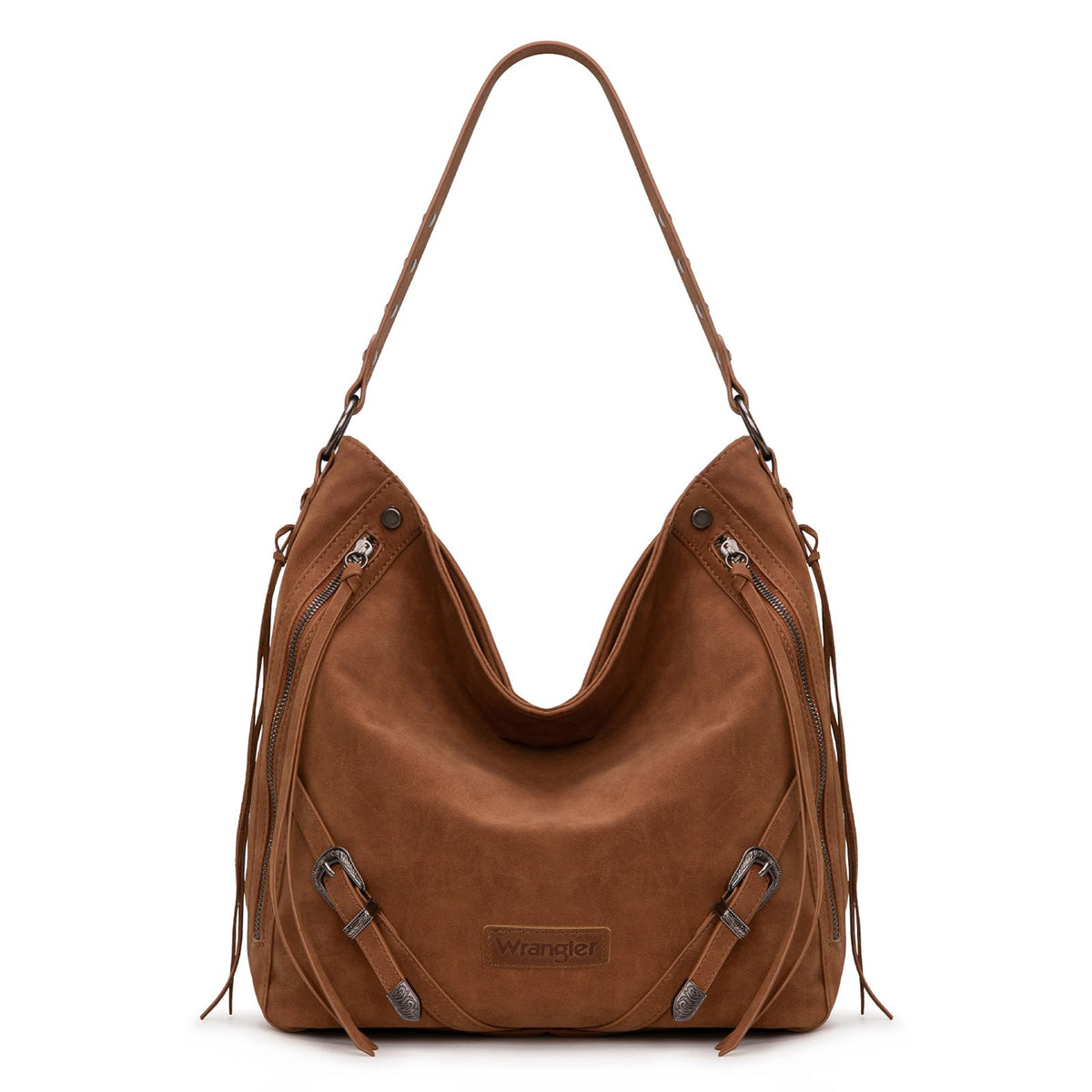 Wrangler Large Brown Hobo Bags for Women Purses and Handbags with Buckle Fringe Zipper Faux Suede Leather Shoulder Bag WG245-918BR