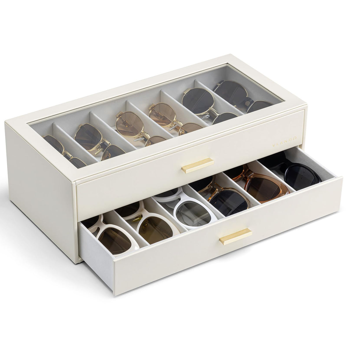 VLANDO 12-Grid Sunglasses Organizer Case, Large Capacity Eyeglass Storage Box with Clear Top Lid & 2 Drawers, PU Leather Sunglass Holder for Women Men, Ideal Gift for Eyewear Lovers - Beige