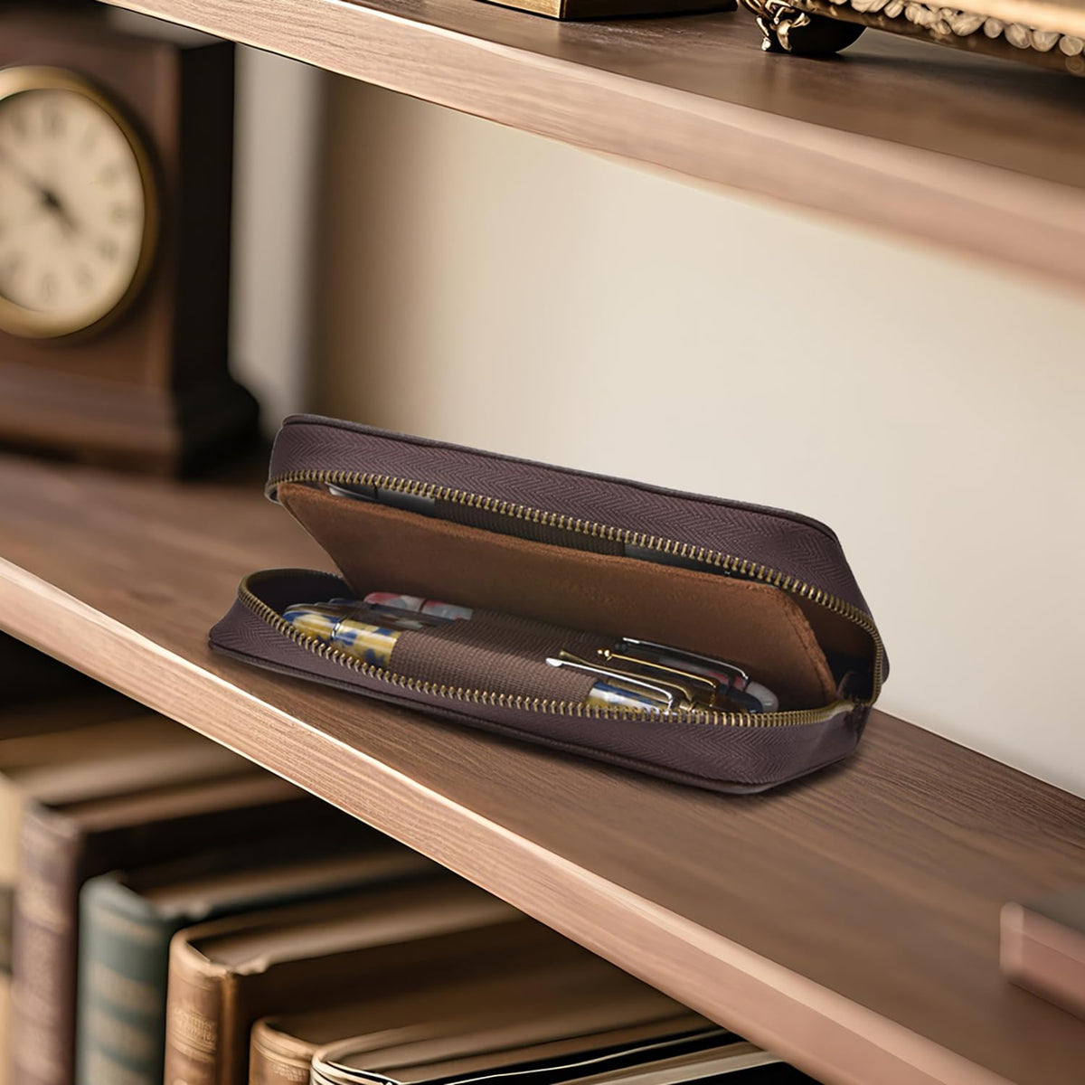 Asvine Fountain Pen Case Genuine Leather Pen Case 10 Divided Slots Coffee, Rollerball Pen Holder Handmade Display Organizer Zippered Pouch