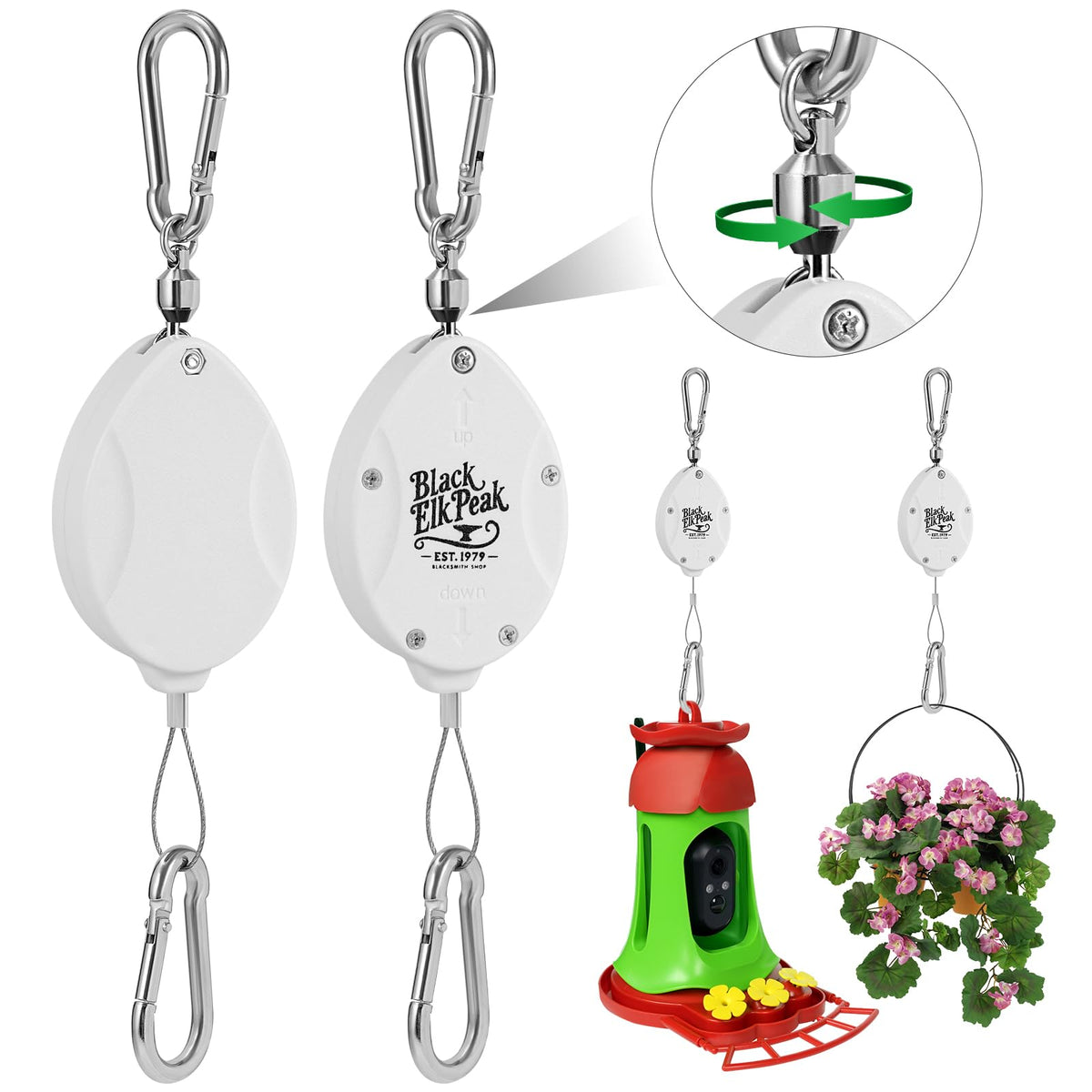 Plant Pulleys for Hanging Plants, Heavy Duty Retractable Hangers, 304 Stainless Steel Rope, Auto Plant Holder, Adjustable Climbing Hook for Garden Baskets Watering, or Bird Feeders 2PC (White)