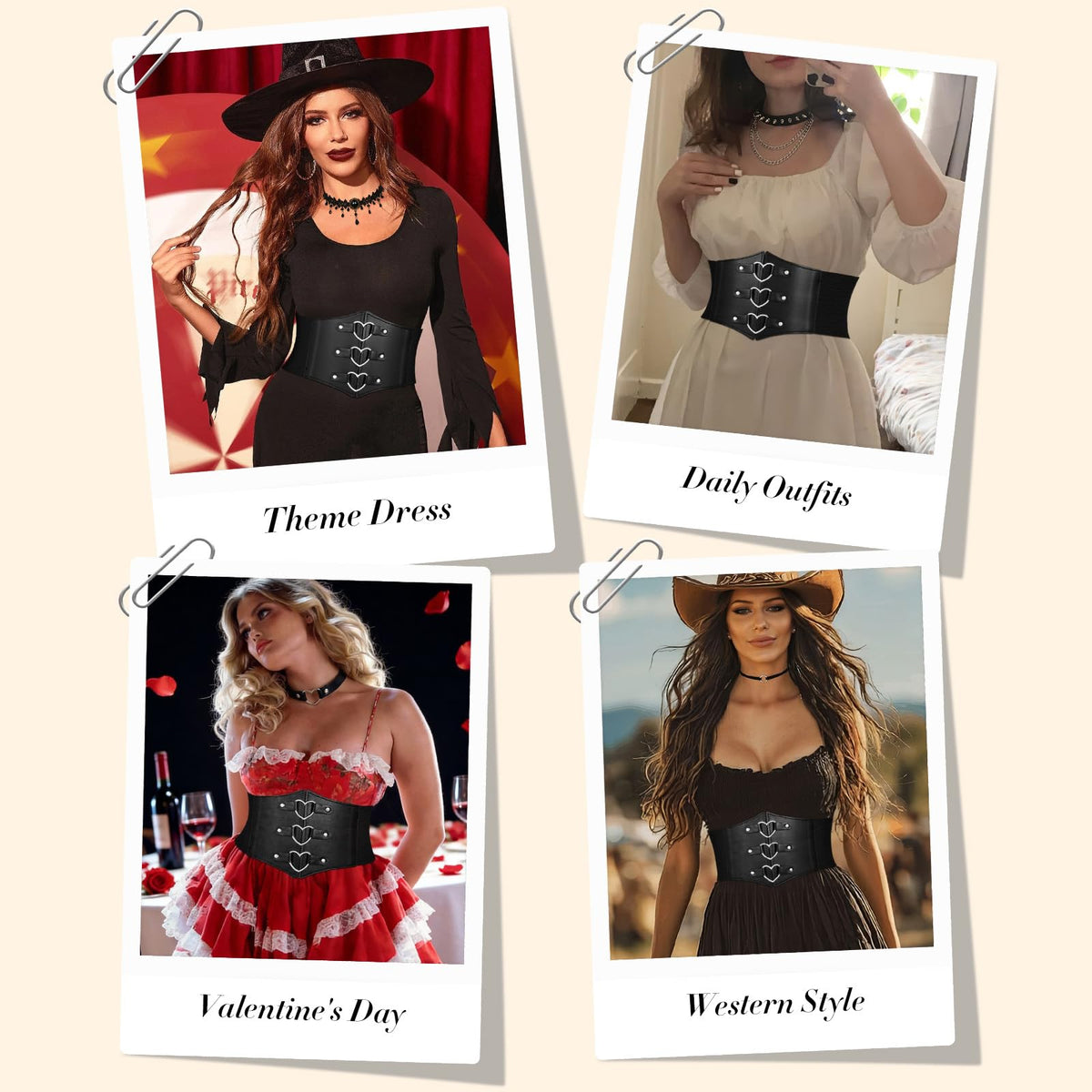 JKEEMI Women Corset Belt With Black Choker Necklace Set, Heart-Ring Wide Elastic Waist Belt Adjustable Gothic Velvet Collar Choker Party Gifts