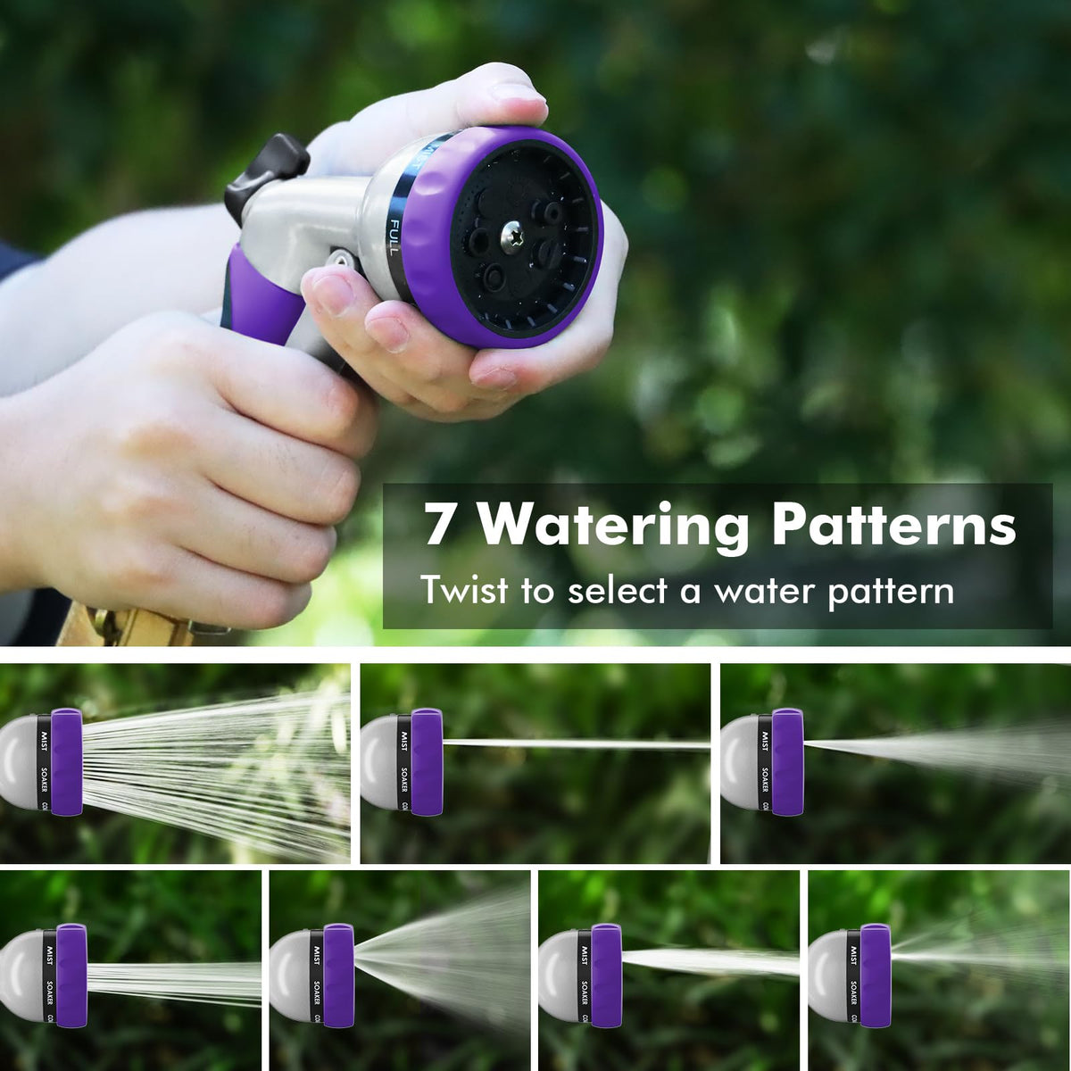 RESTMO Garden Hose Nozzle, Heavy Duty Metal Water Hose Nozzle with 7 Adjustable Spray Patterns, High Pressure Hand Sprayer with Flow Control, Best for Watering Plant & Lawn, Washing Car & Pet, Purple