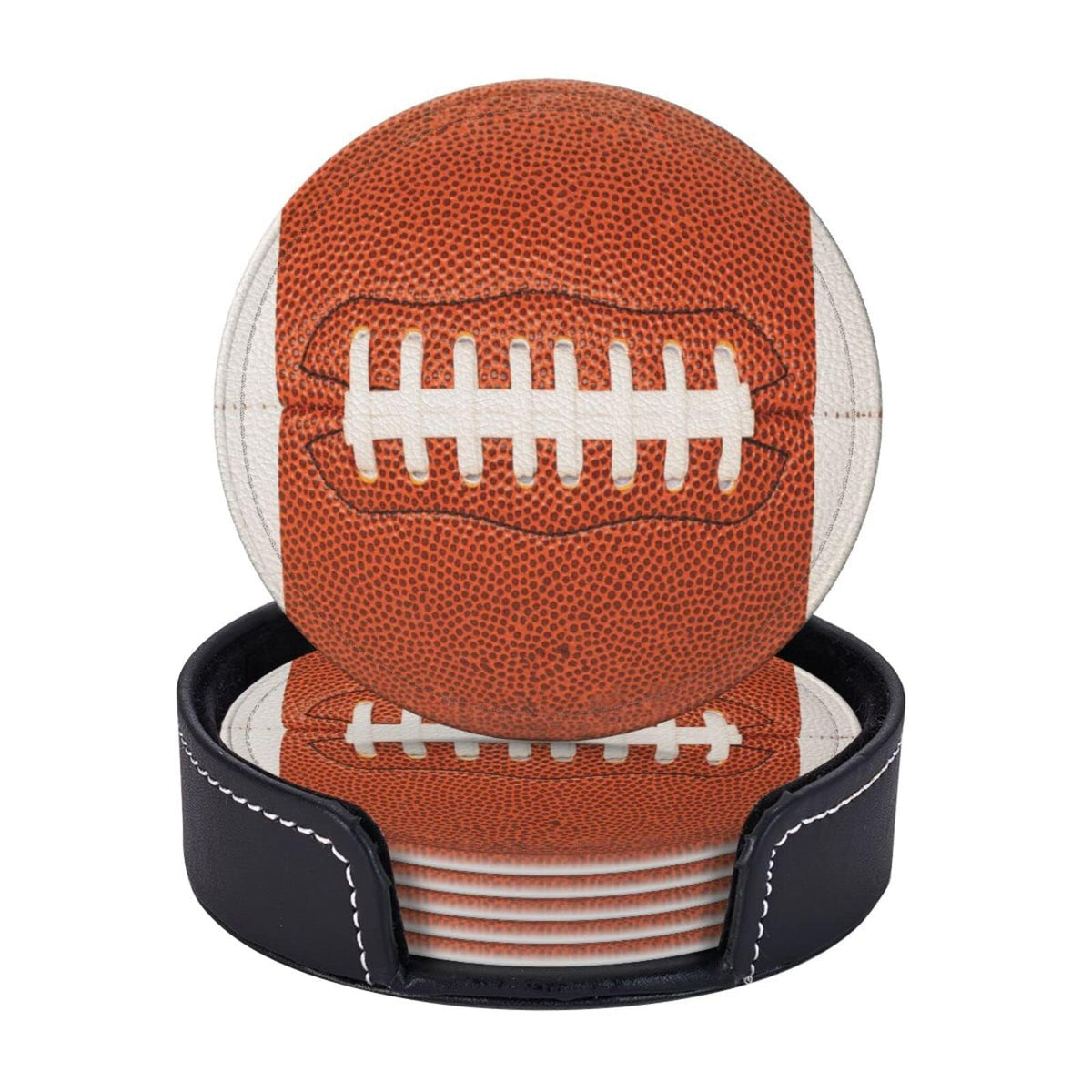 sunwarshile Football Coasters for Drinks with Holder Round Leather Coasters Set of 6 Cups Mugs Mat Pad for Home Kitchen Bar