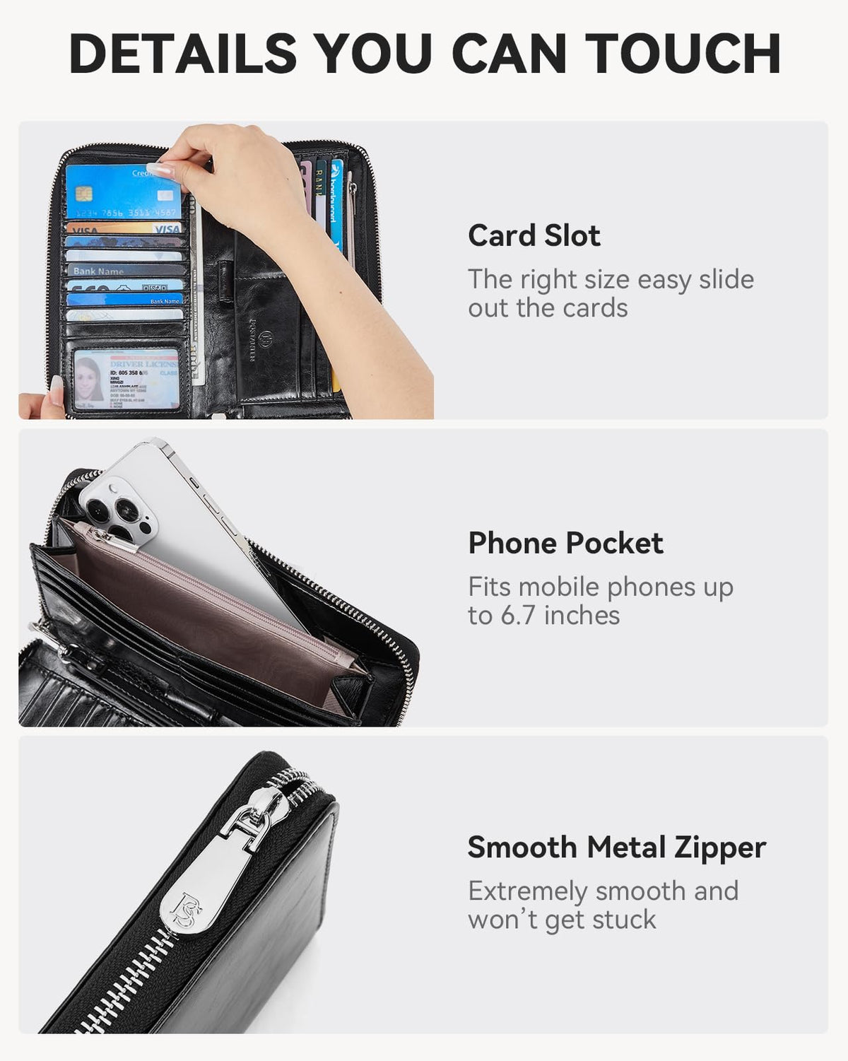BOSTANTEN Leather Wallet for Women RFID Blocking Zip Around Credit Cards Holder Phone Clutch Black