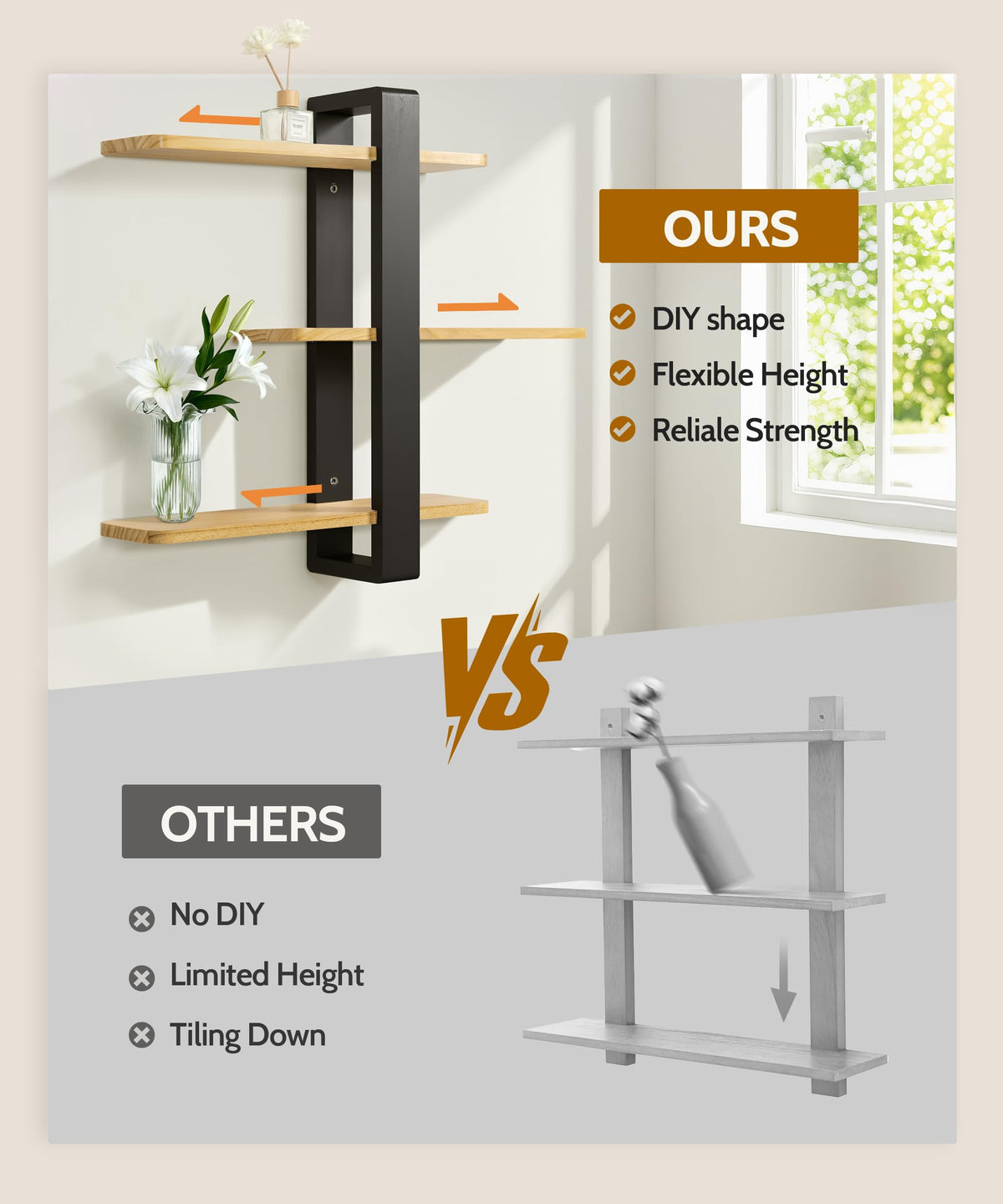 SUMGAR Floating Shelves for Wall Mounted Shelving Unit All Pine Wood 3 Tier Large Shelf for Bedroom Living Room Office Bathroom Home Decoration Storage Plant Photo Display Modern 20in