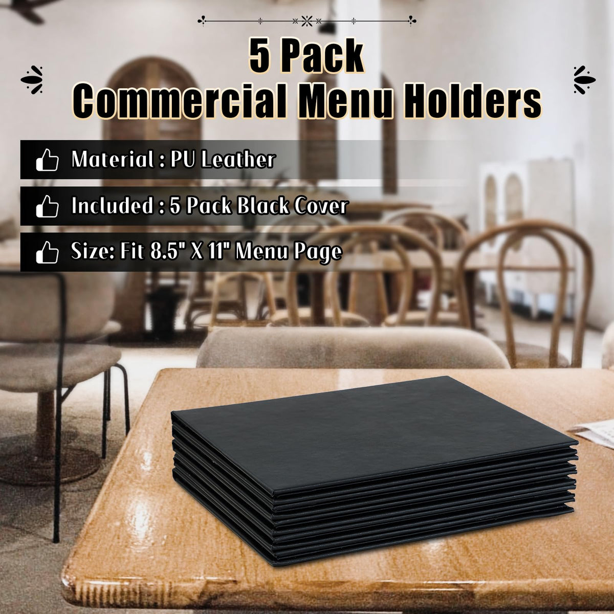 FLKQC Restaurant Menu Covers Holders 8.5 X 11, 5 Pack Synthetic Leather Menu Holder Covers Book Style with Angled Corners Black for Wine List, Certificate Organizer Diploma Holder (5 Page 8 View)