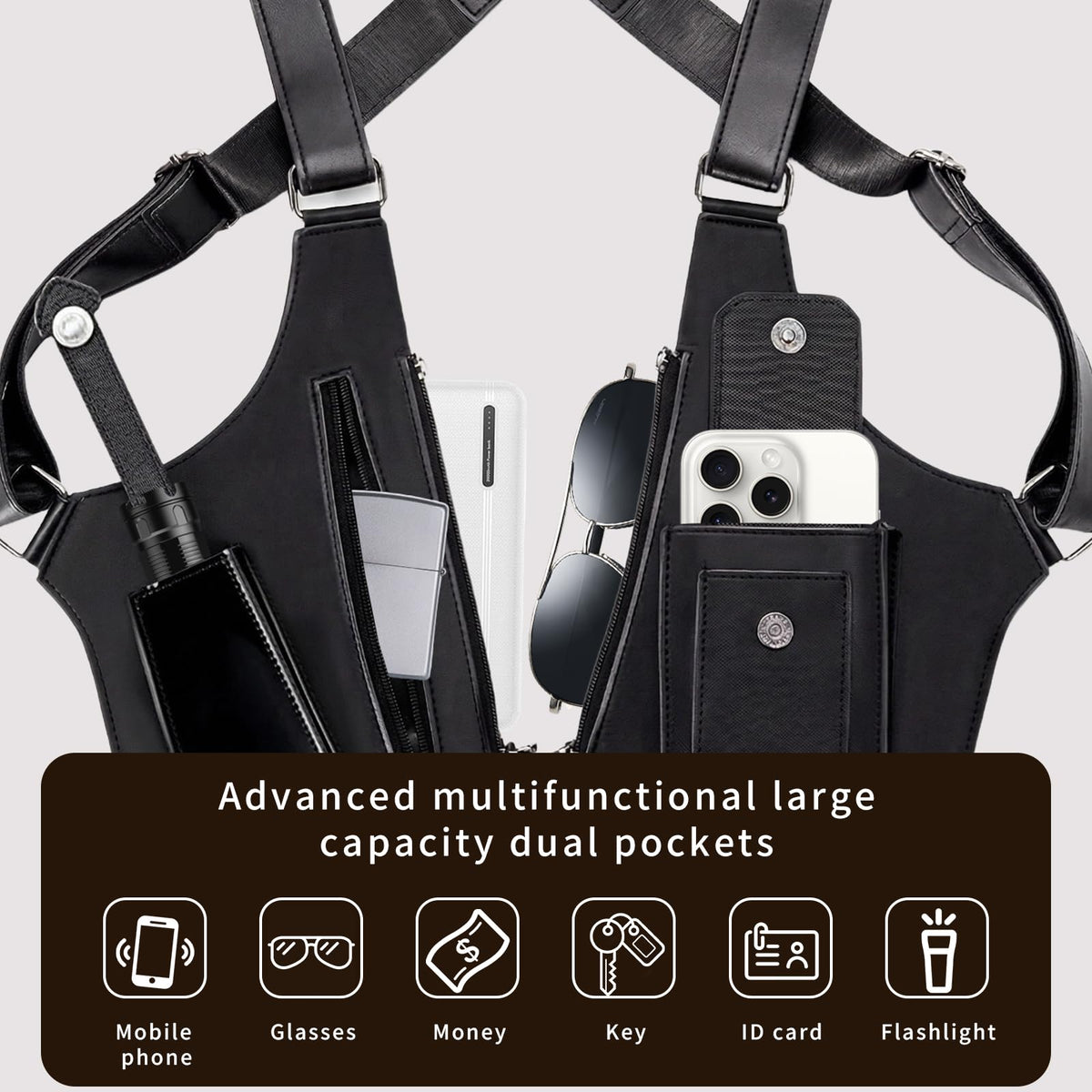 Men's Double Shoulder Armpit Bag,Anti-Theft Underarm Wallet,Fashion Leather Double Shoulder Straps Holster Wallet Adjustable Leather Multi-Purpose Armpit Tactical Bag,Travel Outdoors