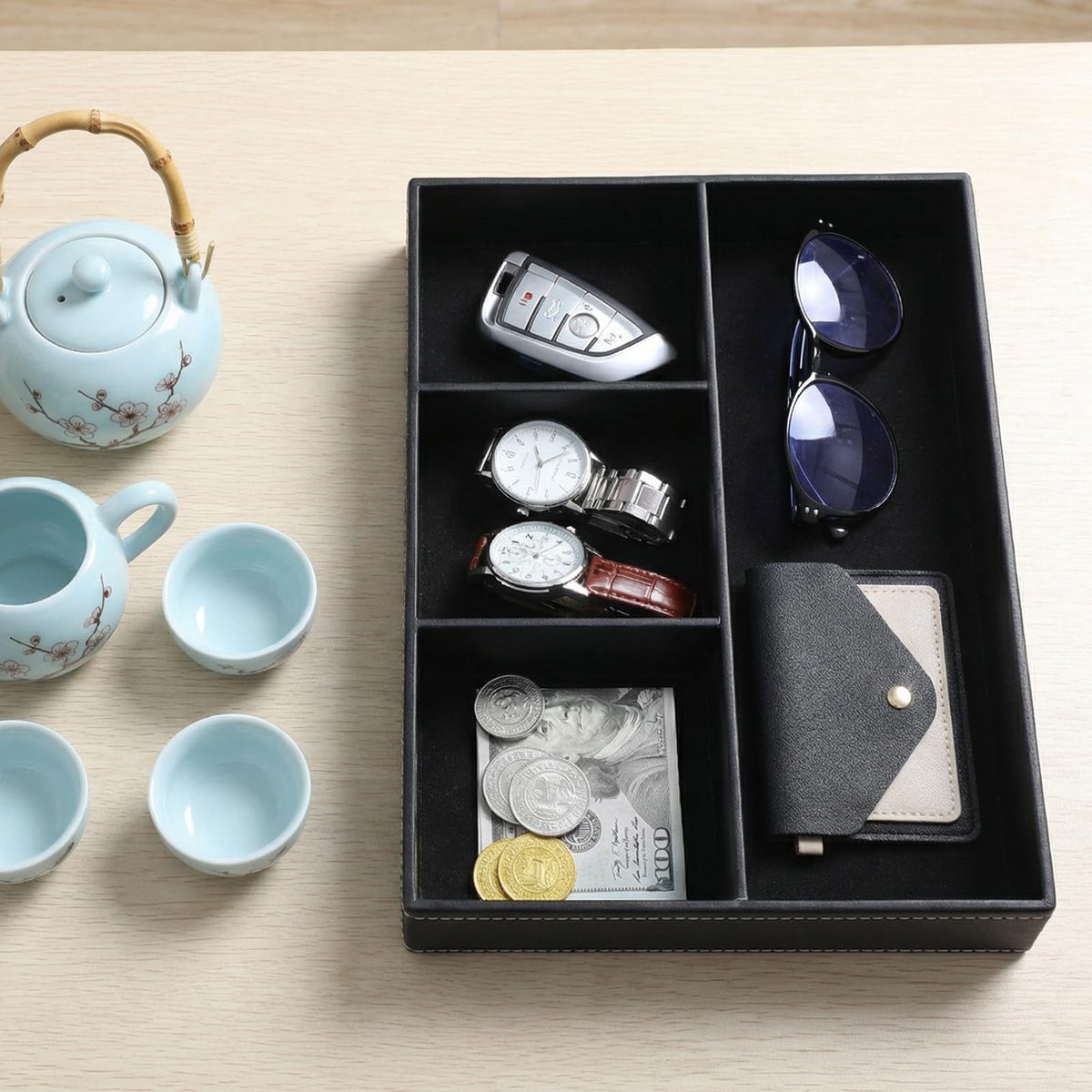 Giloaou 3 Pieces Faux Leather Valet Tray Set, Stackable Jewelry Organizer with Soft Lining, Dresser Storage Box for Nightstand, Key, Wallet, Watch, Phone, Sunglass, Coin, Black