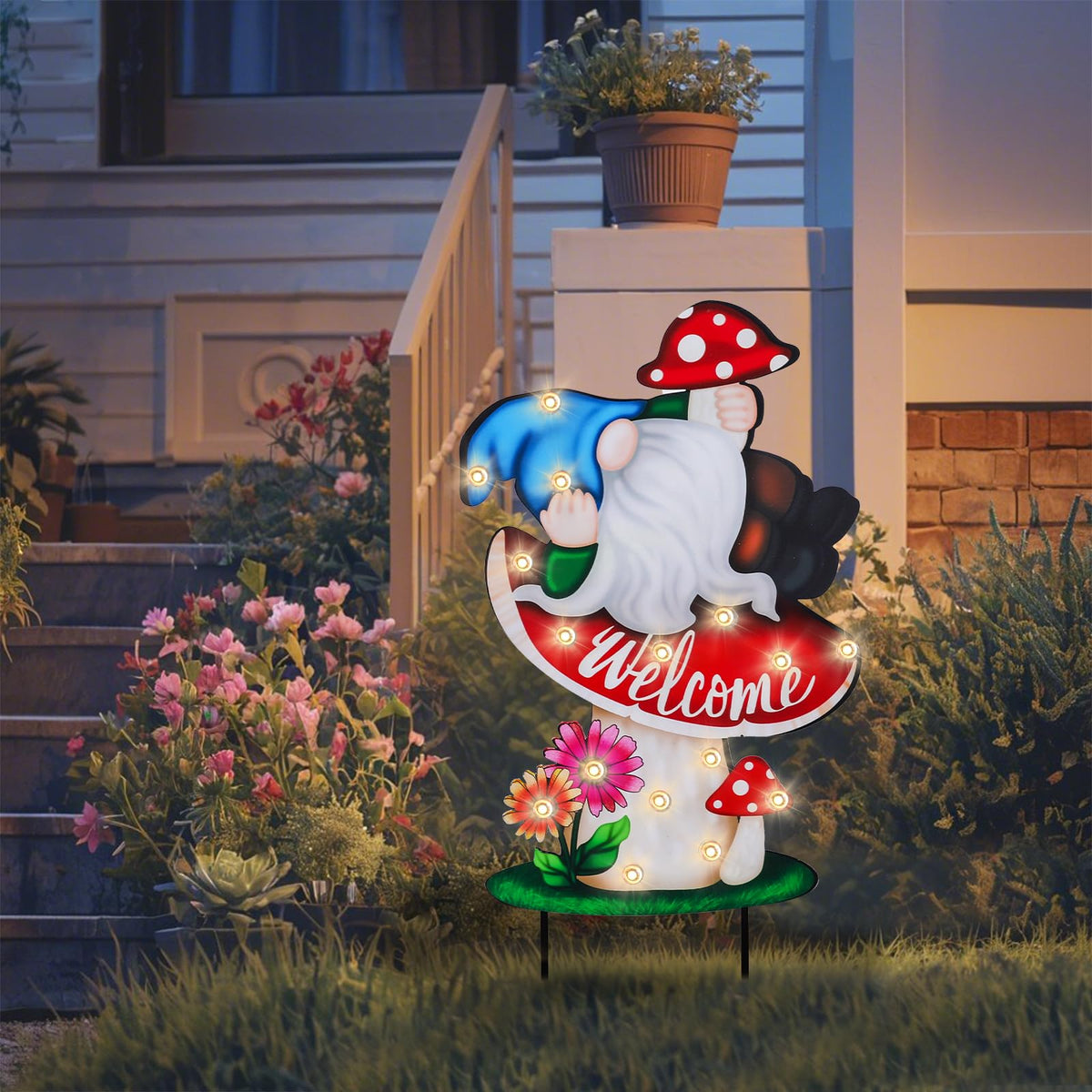 WONDER GARDEN Decorative Garden Stakes - Lighted Mushroom and Gnome Yard Sign Stakes with Flower, Spring Signs for Outdoor, Porch, Yard,Flower Bed Decor