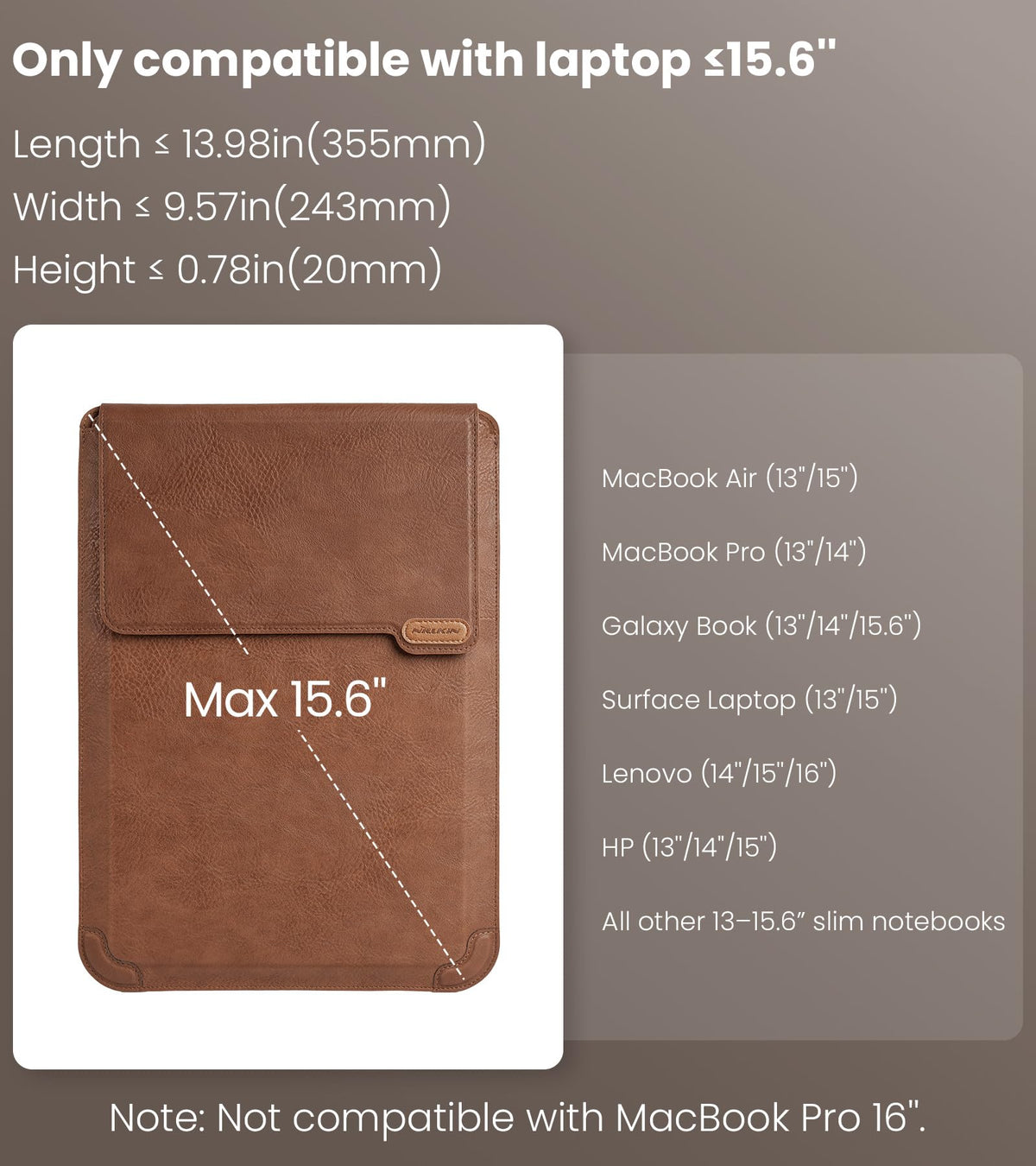 Nillkin Laptop Sleeve 15.6 inch, MacBook Sleeve with Adjustable Stand & Mouse Pad, 2 Stand Modes, 15 inch Laptop Case, Slim MacBook Accessories for Samsung/Surface/Chromebook/HP 13-15.6 inch, Brown