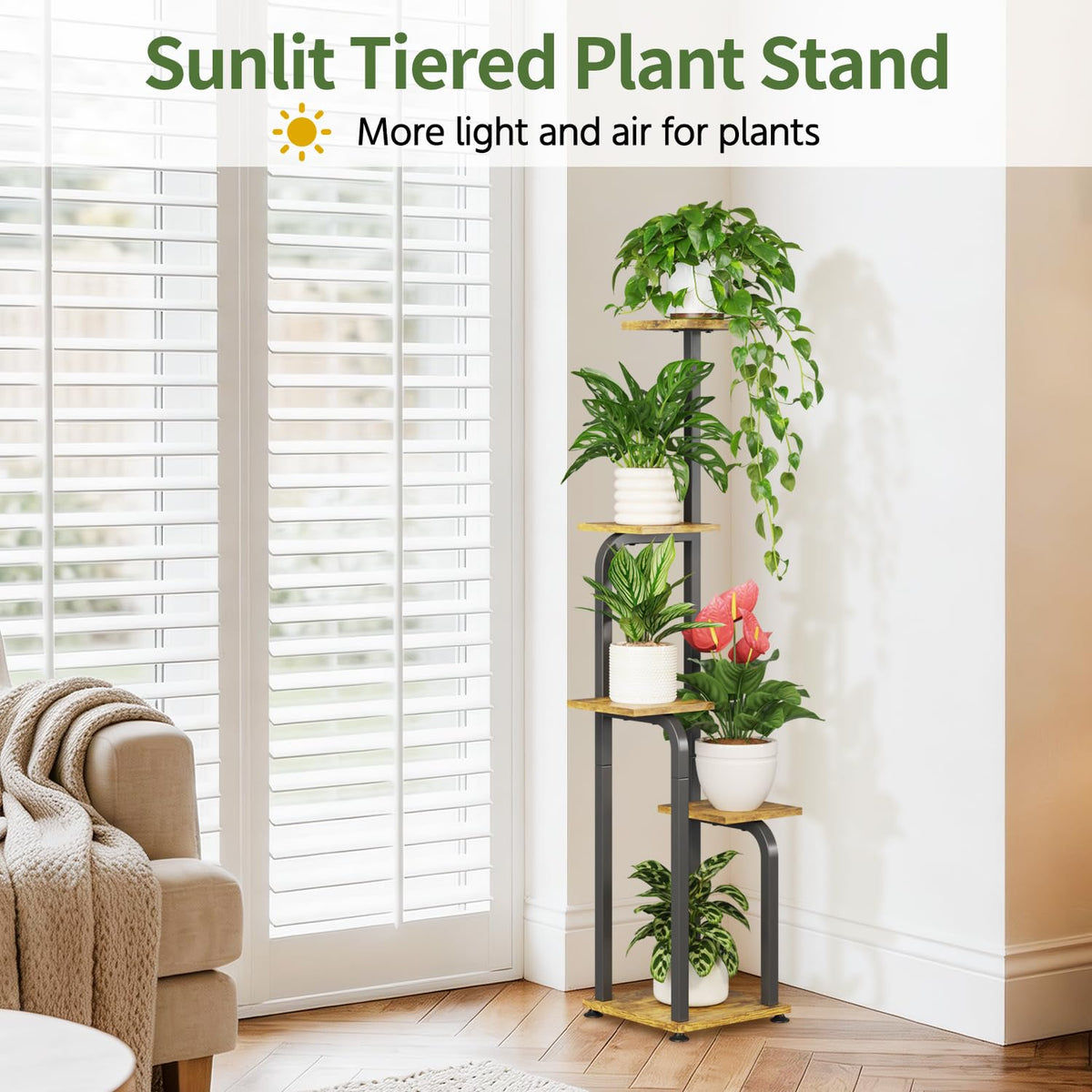 LASZOLA 5 Tiered Plant Stand Tall for Indoor Corner, Modern Multiple Flower Display Rack with Wooden Tray, Vertical Planter Shelf for Living Room Bedroom Patio Garden Balcony, Black