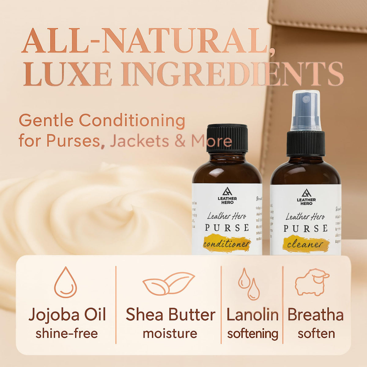 Leather Purse Cleaner & Conditioner Kit – 4pc Set with 4oz Cleaner, 4oz Conditioner, Microfiber Cloth & Applicator Sponge – Leather Bag & Handbag Care for Luxury Purses & Designer Bags