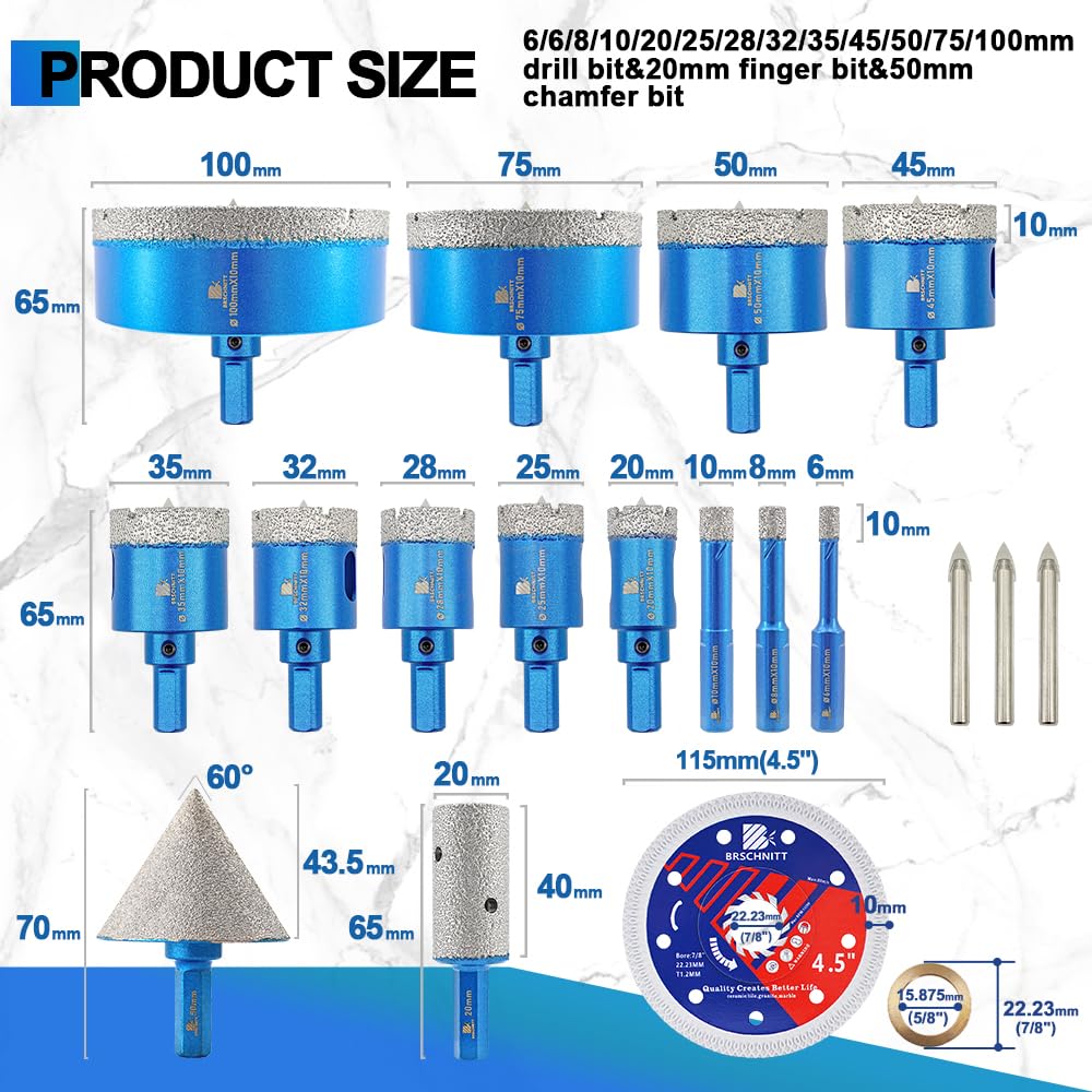 BRSCHNITT Diamond Tile Hole Saw Kit with Pilot Bit - (6-100mm) Dry Diamond Core Drill Bit Triangle Shank&Tile Blade for Porcelain Tile Ceramic Stone Granite Marble