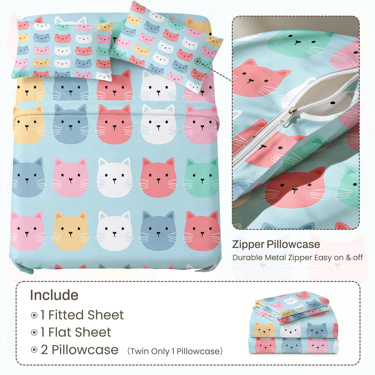 Cute Cat Sheet Set, 4 Pcs King Size Girls Kitten Bed Sheets