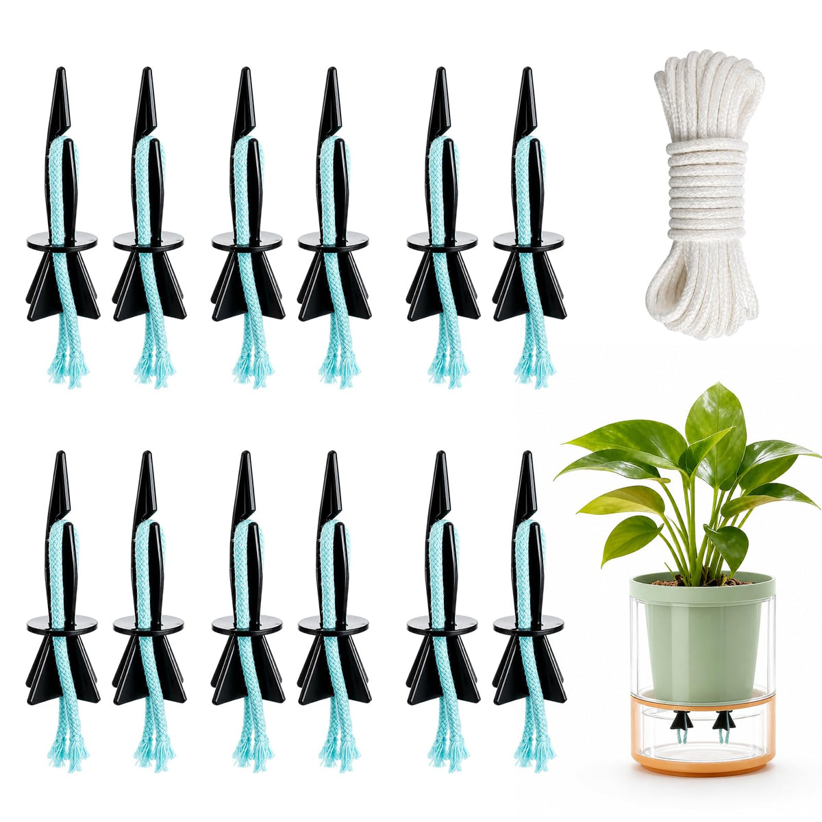 JFBNXB Self Watering Spikes for Indoor Plants, Automatic Plant Watering System for Vacation Care and Office Maintenance, 13-Piece Set with 12 Spikes and Absorbent Cotton Rope