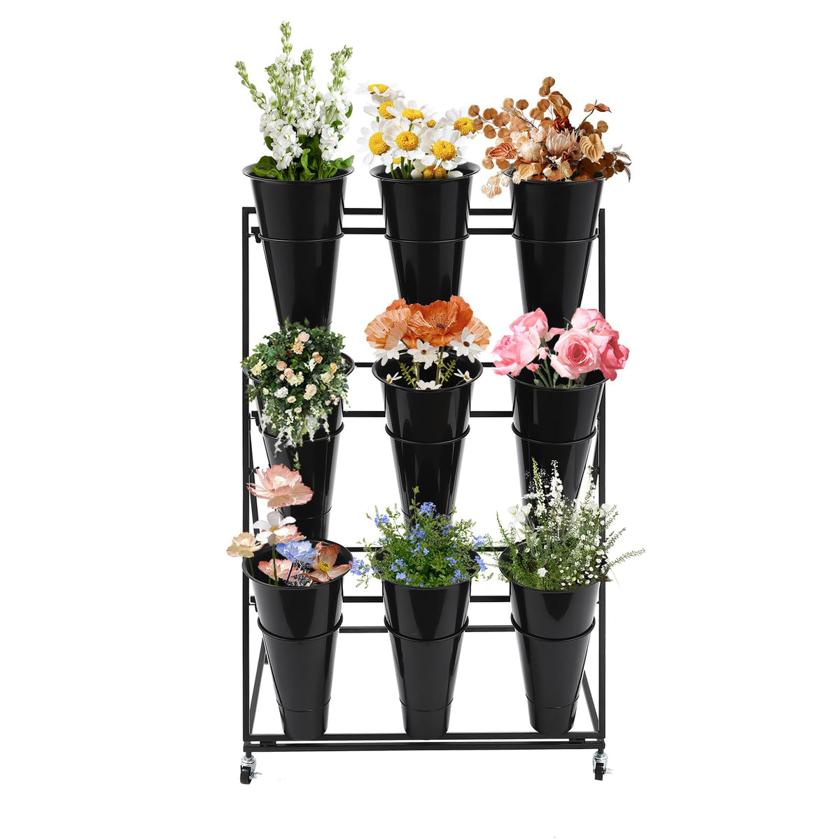 CNCEST Flower Display Stand With 9PCS Buckets,3 Layers Metal Plant Stand with Wheels,Moving Plant Cart Shelf Indoor Outdoor Flower Rack for Home Patio Balcony (Black, 3 Tier,9PCS)