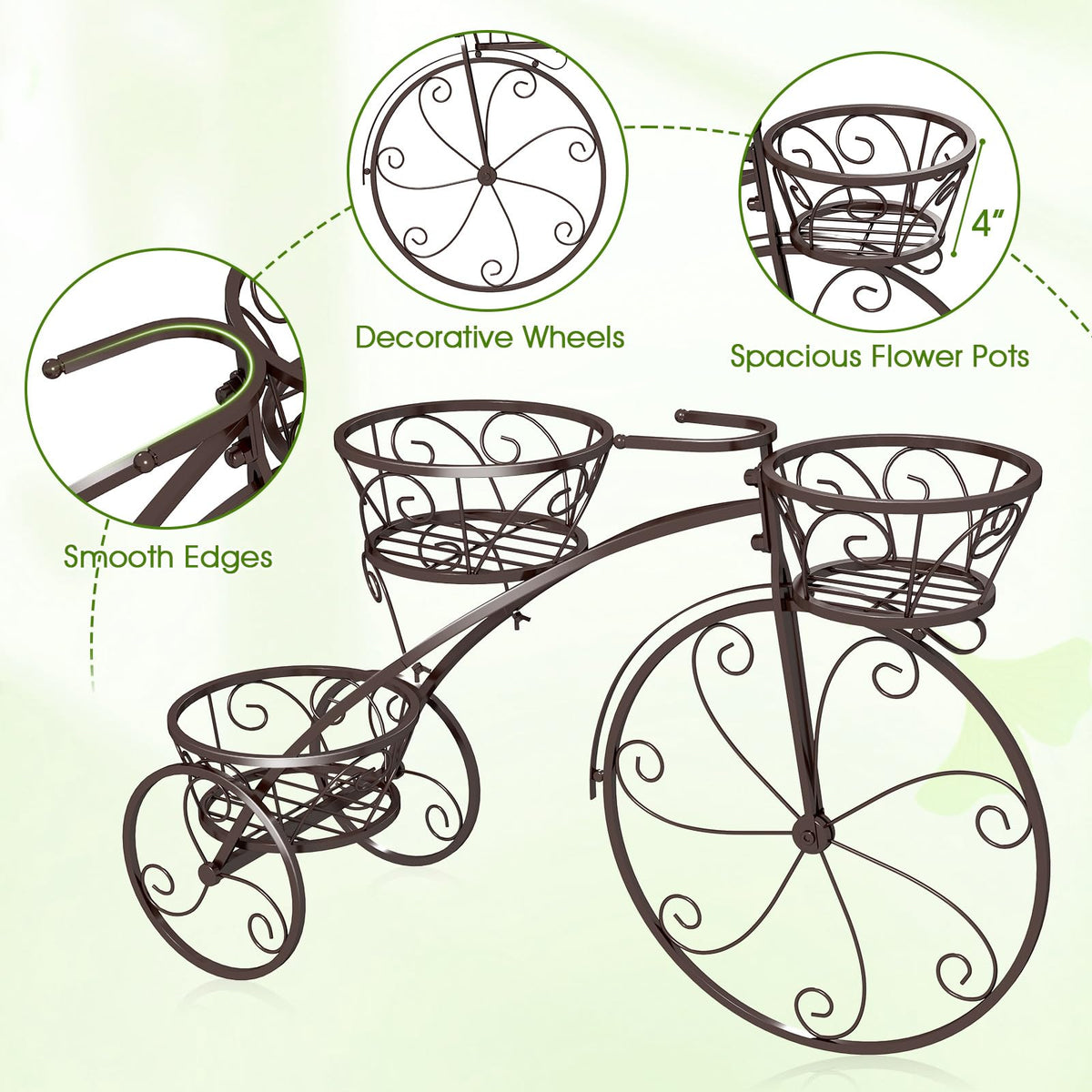 Toolsempire Tricycle Plant Stand, 3-Tier Metal Plant Stand Bicycle Flower Pot Cart with Hollowed Baskets, Planter Potted Holder for Patio, Garden, Deck, Lawn (Bronze)