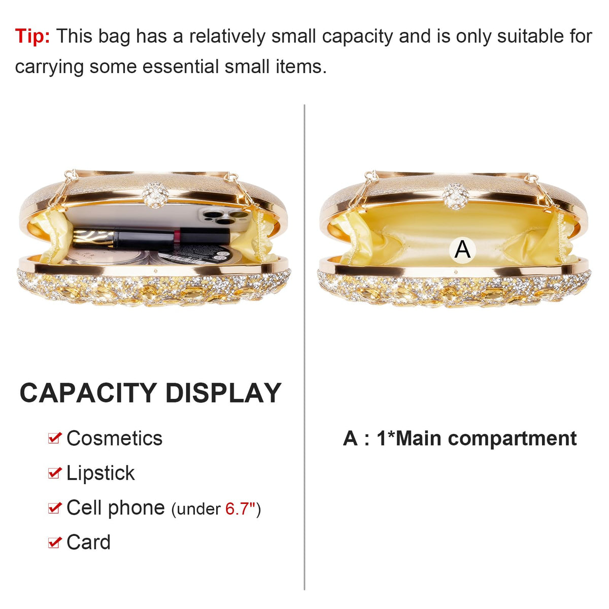RNIEGA Rhinestone Clutch Purses for Women Large Capacity Evening Bag with Detachable Chain for Wedding, Prom, Parties
