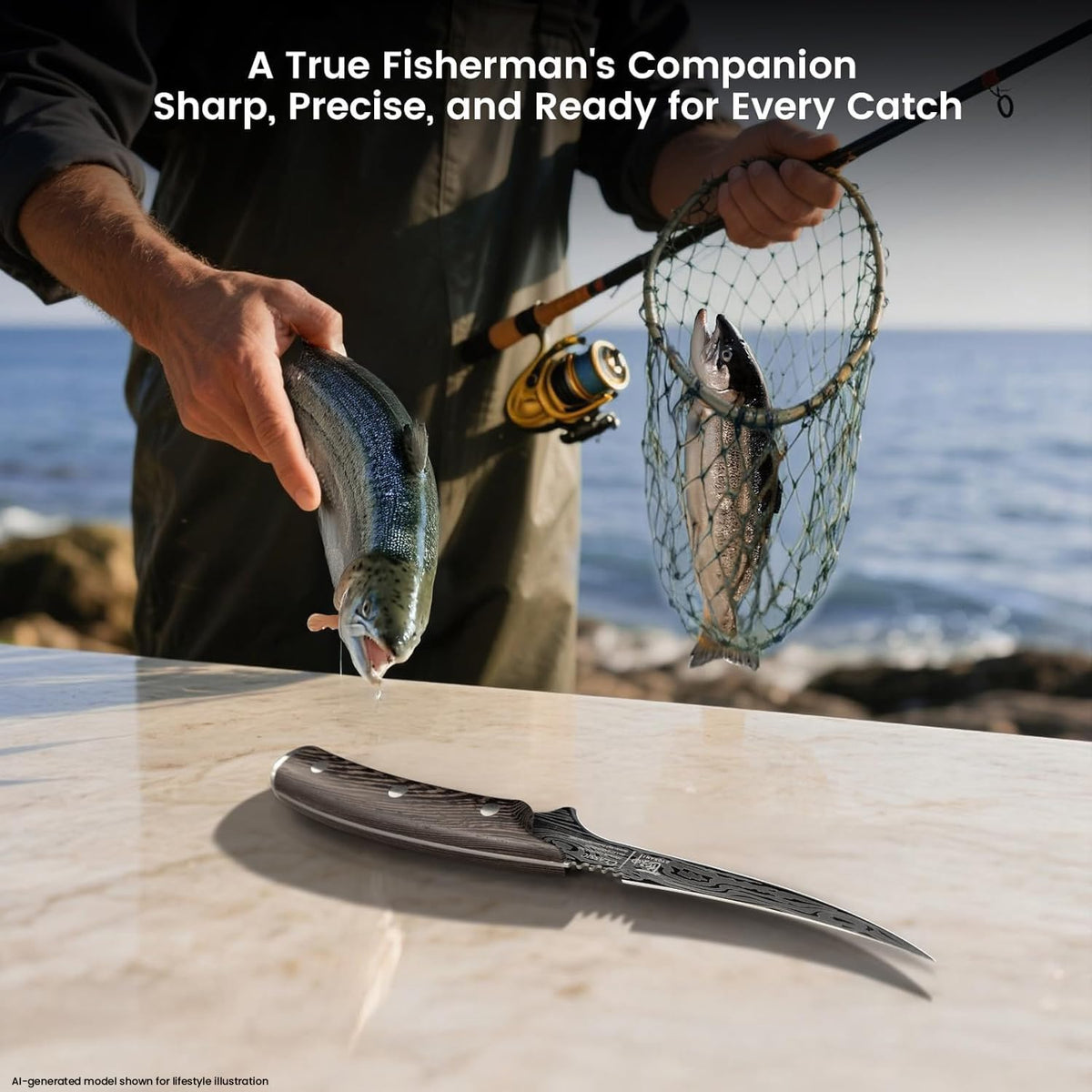 SYOKAMI Fillet Knife, Razor Sharp 7.2 Inch Boning Knife, High Carbon Stainless Steel Filet Knives with High Flexibility, Wooden Handle, Full Tang Damascus Pattern Fishing Knives, Ideal Gift