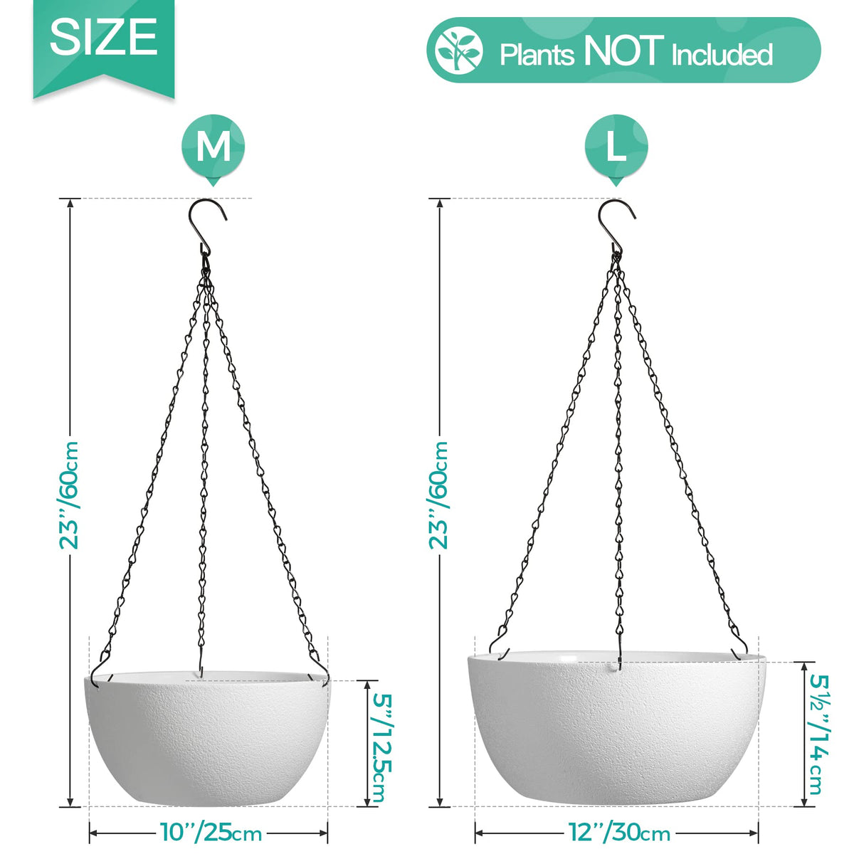 T4U Plastic Hanging Planters 2-Pack, 12 Inch Large Hanging Flower Plant Pots with Drainage Hole for Indoor Outdoor Plants, Round Hanging Basket for Home Garden Porch Balcony Patio Decor (White)