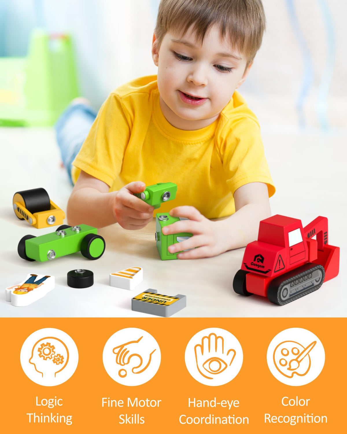 Coogam Snap Together Vehicle Toys for Toddlers, Wooden Montessori Take Apart Construction Engineering Car - Assembly Building Game, STEM Fine Motor Educational Toy Gift for Kids Ages 3-8