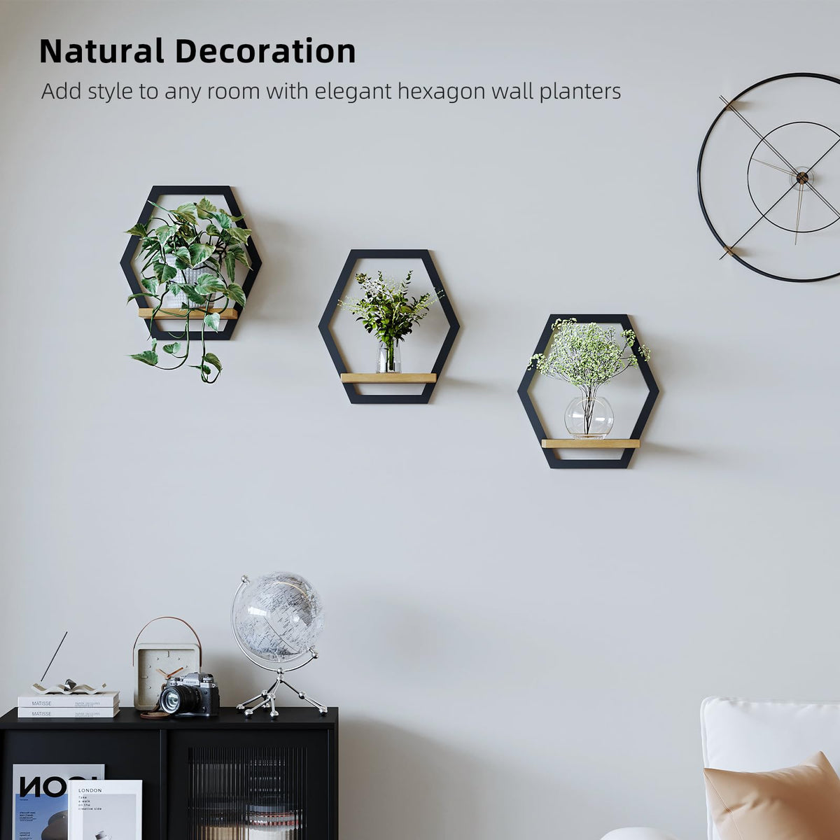 Rioneta 3 Pack Solid Wood & Heavy Duty Metal Wall Plant Stands,9 inch Natural Wood Shelf, Boho Arch Hanging Planter for Indoor 25 LB Load for Plants Black