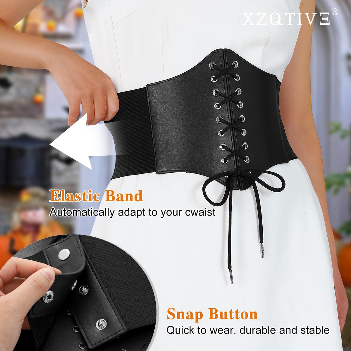XZQTIVE Black Corset Waist Belt for Women, Wide Elastic Tie Waspie Belt for Dresses 4.7inch