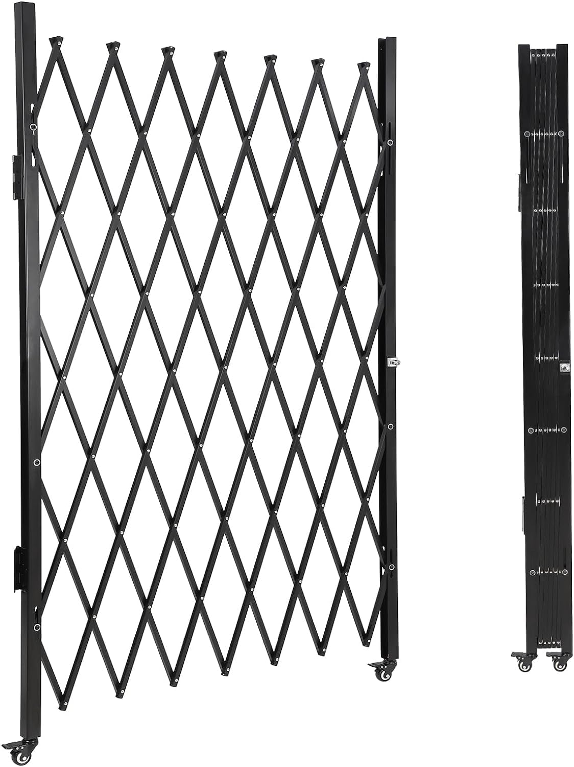SierraSquad Single Folding Security Gate 85" H x 95" W, Steel Expandable Fence with 360° Rolling Wheels for Courtyard, Garage, and Garden Access Control