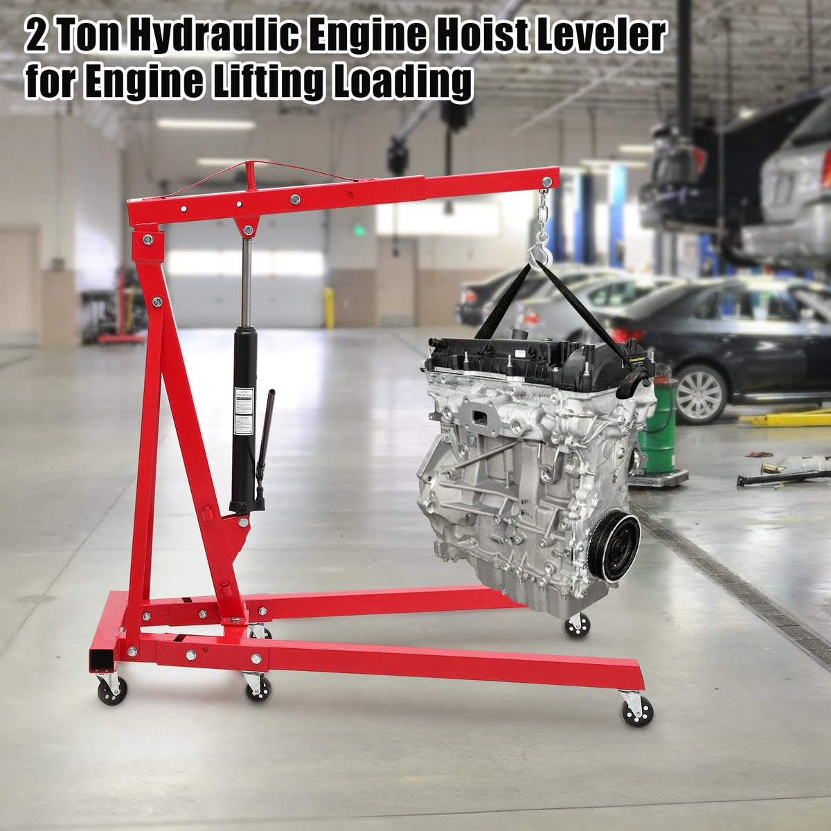 2-Ton Folding Hydraulic Engine Hoist Cherry Picker, 4400 lb Capacity, Heavy-Duty Shop Crane with Telescoping & Adjustable Boom (0.5-2T), 6 Swivel Caster Wheels, Load Leveler, Hitch & Storage Stand for