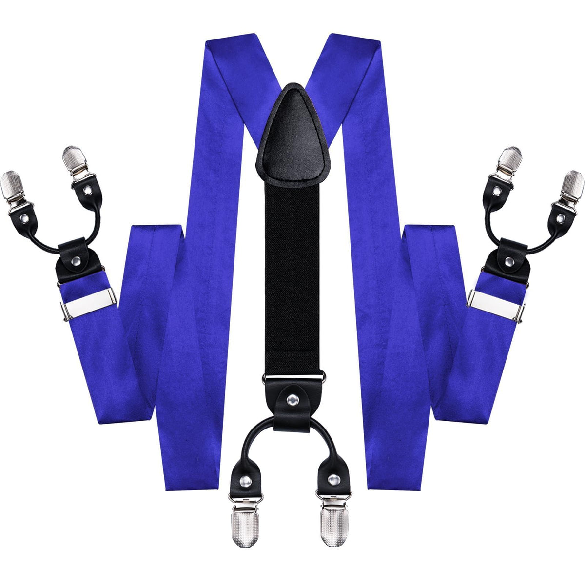 Hi-Tie Royal Blue Satin Suspender Bowtie Set for Men Suspenders Pre-tied Bow Tie Pocket Square Cufflinks Adjustable Y Shape 6 Clips Braces Tuxedo