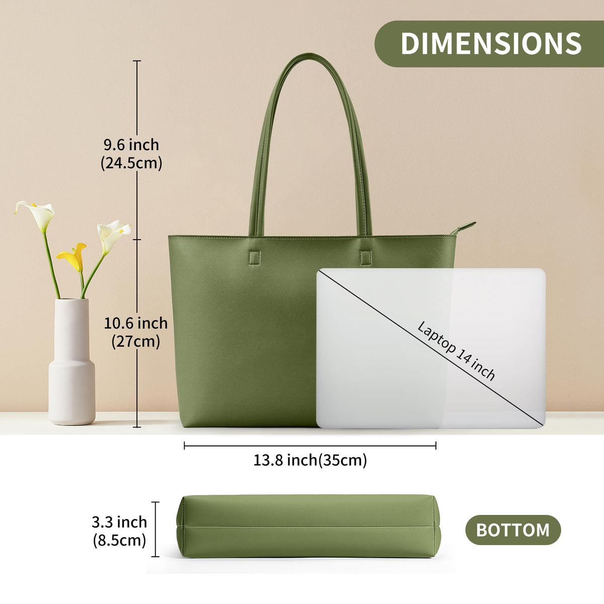 KALIDI Tote Bag Zipper Shoulder Bag Faux Leather Purses for Women Casual Handbag Work Dating College, Green