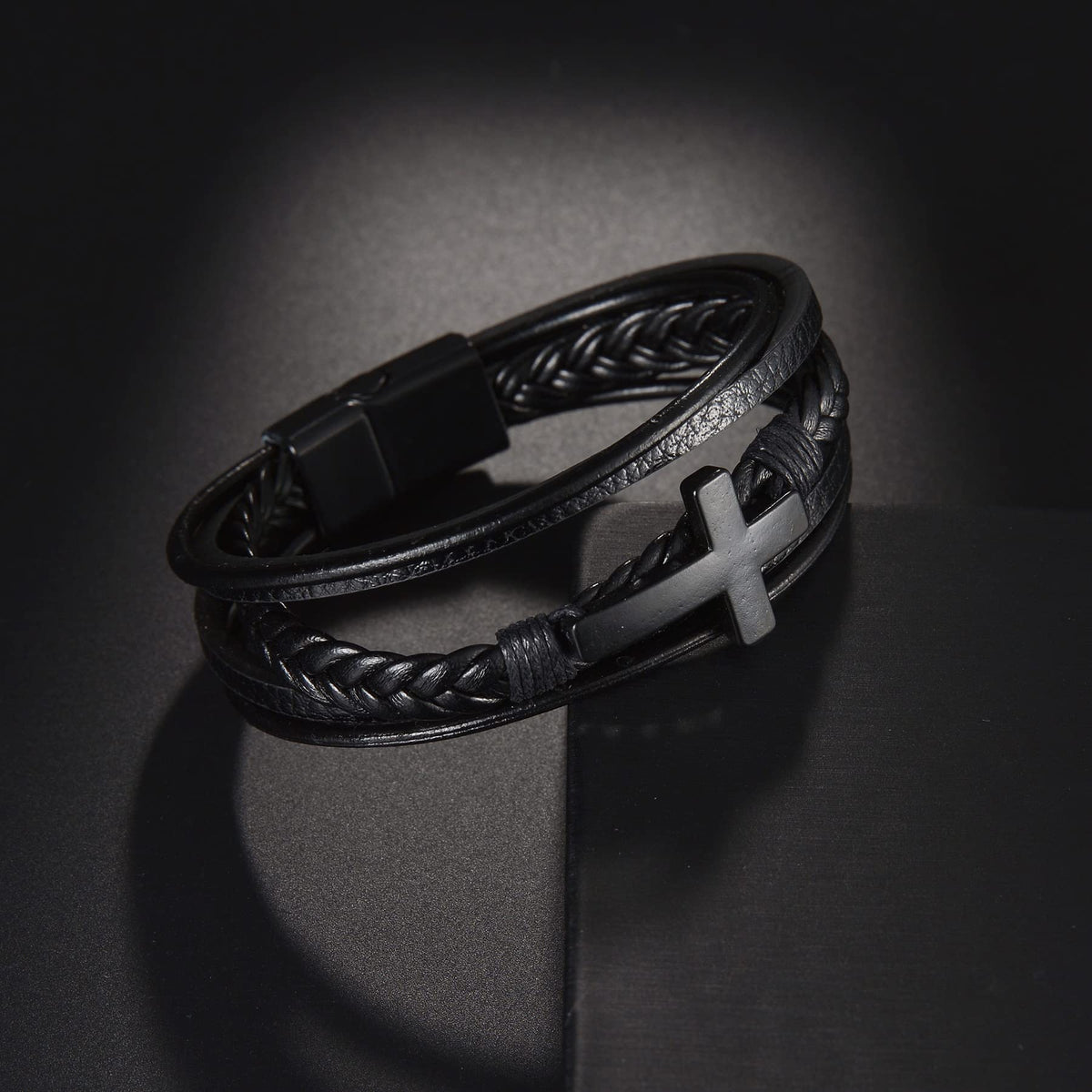 Arcutina Men's Black Leather Multi-Strand Bracelet Casual Brown Braided Bracelet (Multi-layer with Cross, Length 7.5'')
