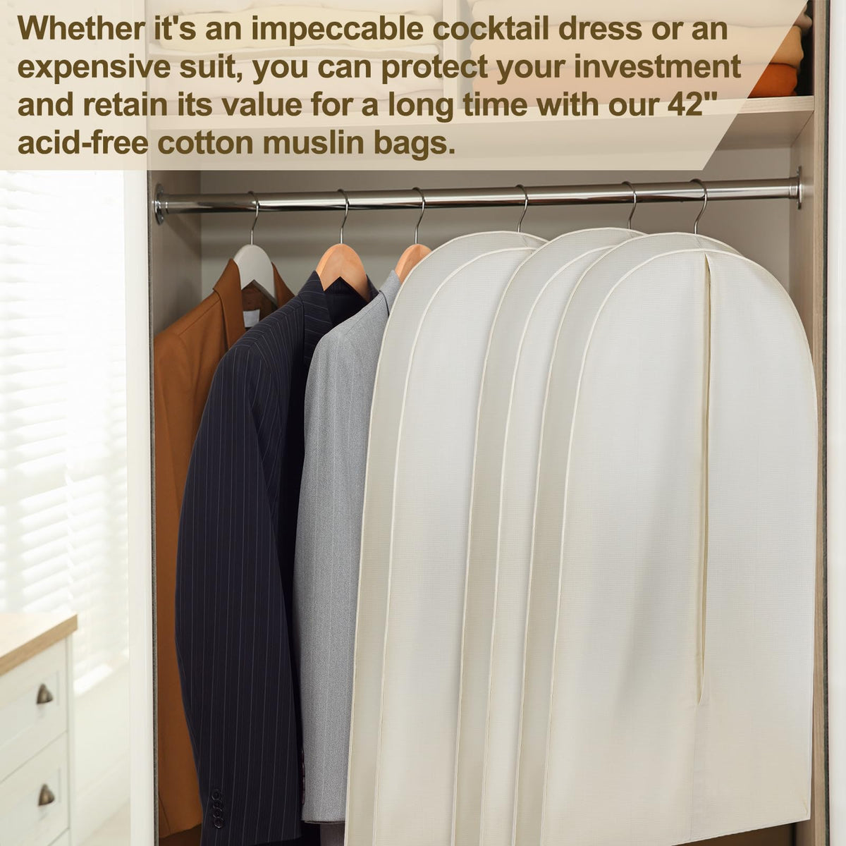 GliCraft 42 Inch Acid Free Cotton Muslin Suit Garment Bag Long Dress Suit Storage Box Closet Organizer for Suits, Coats, Travel Bag