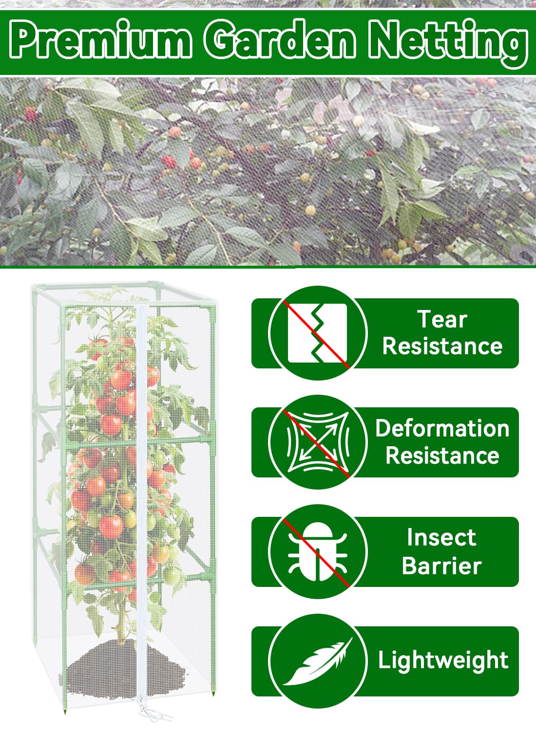 ZeeDix 57" x 16.1" Garden Bird Netting for Square Tomato Cage, 6 Pack Garden Mesh Barrier, Plant Covers Protect Tomatoes, Vegetables, Blueberry Bush from Birds & Pests