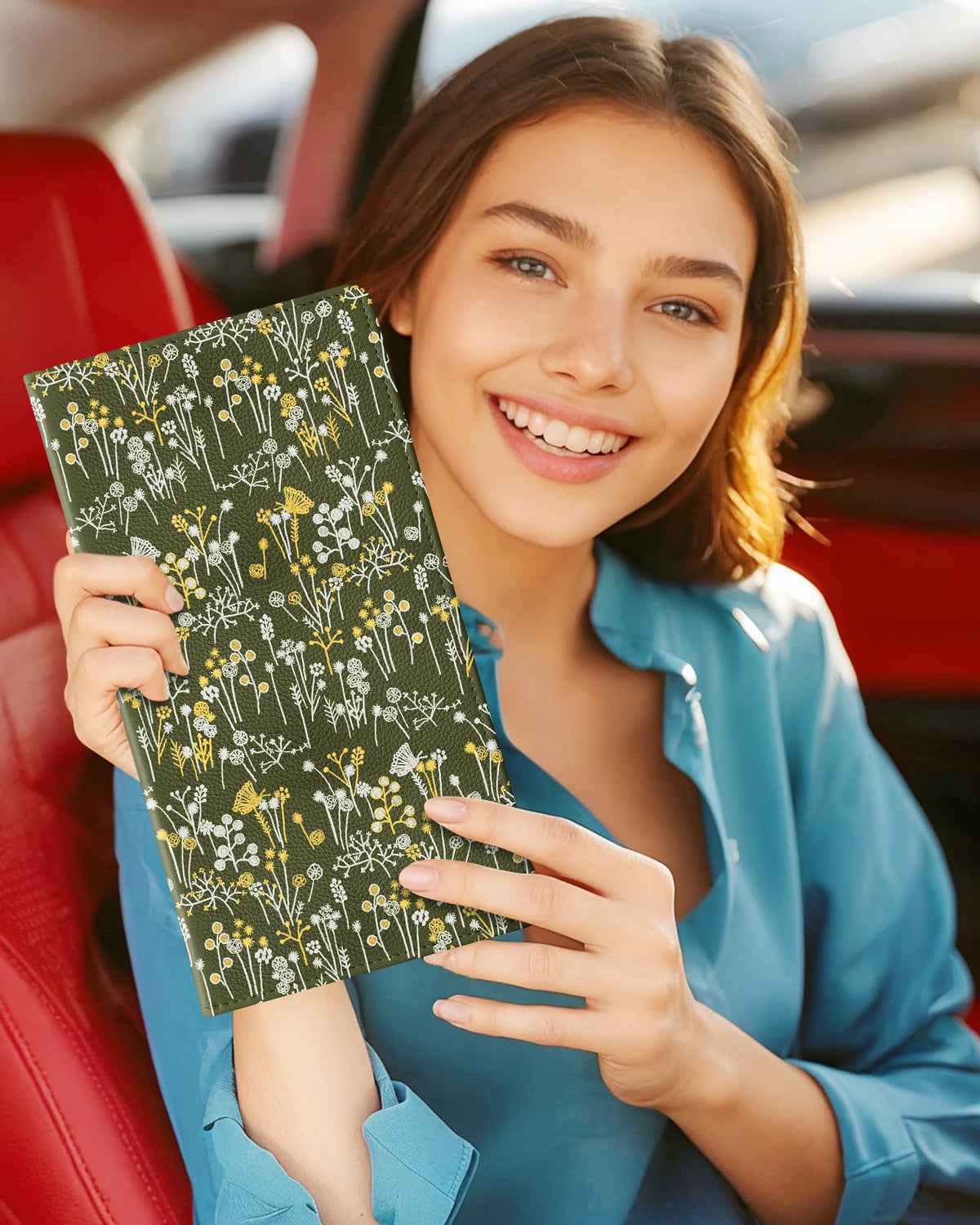 Slohif Car Registration and Insurance Card Holder - Vehicle Glove Box Organizer Women with Magnetic Shut Leather Automobile License Holders Coasters Auto Accessories Case for Document,Green