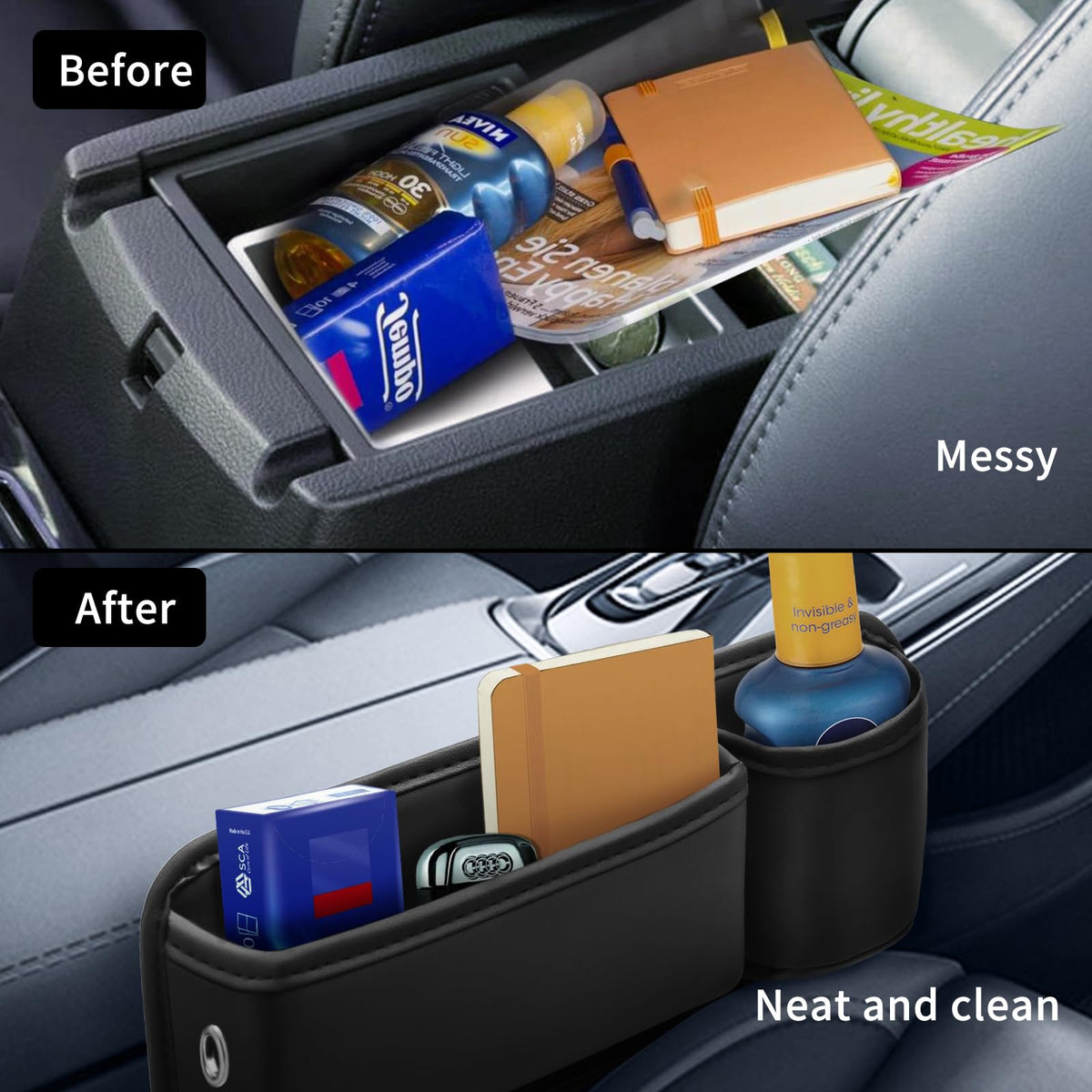 Car Leather Cup Holder Gap Bag 2-Piece Car Seat Gap Filler with Cup Holders for Cups Glasses Keycard (Main and Passenger) (Classic Black)
