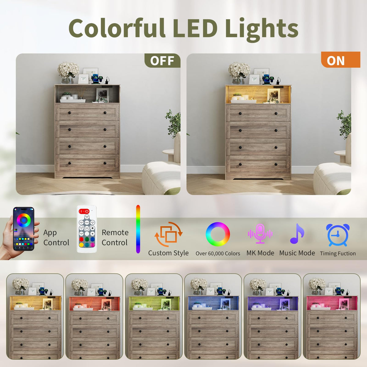 GarveeHome Tall Dressers with 4 Drawer Storage and LED Lights, Gray Wood Chest of Drawers with Charging Station for Bedroom, Living Room, Closet, Hallway, Wooden Nightstand Dresser for Bedside