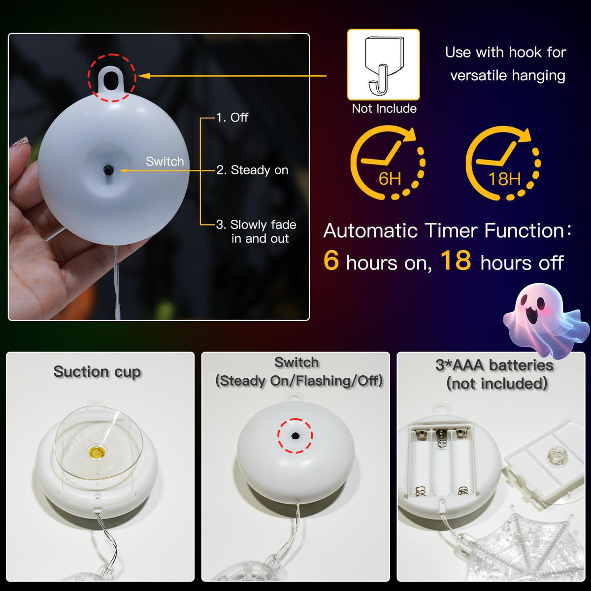 suddus Halloween Window Lights - 3 Pack Battery Operated with Timer - Orange Pumpkin, Purple Spider & White Ghost Decorations
