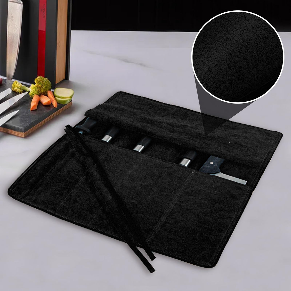 Genuine Leather Knife Roll, Knife Bags for Chefs Professional, Small Chef'S Knife,Knives Holders Protectors with 5 Slots (Black)