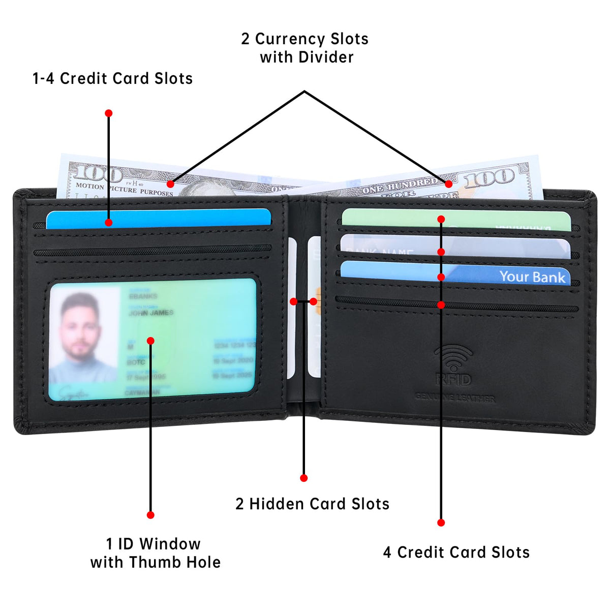 Travelambo Wallet for Men Real Leather Mens Bifold Wallet RFID Blocking - Thin & Stylish with ID Window in Gift Box (Crazy Horse, Black)