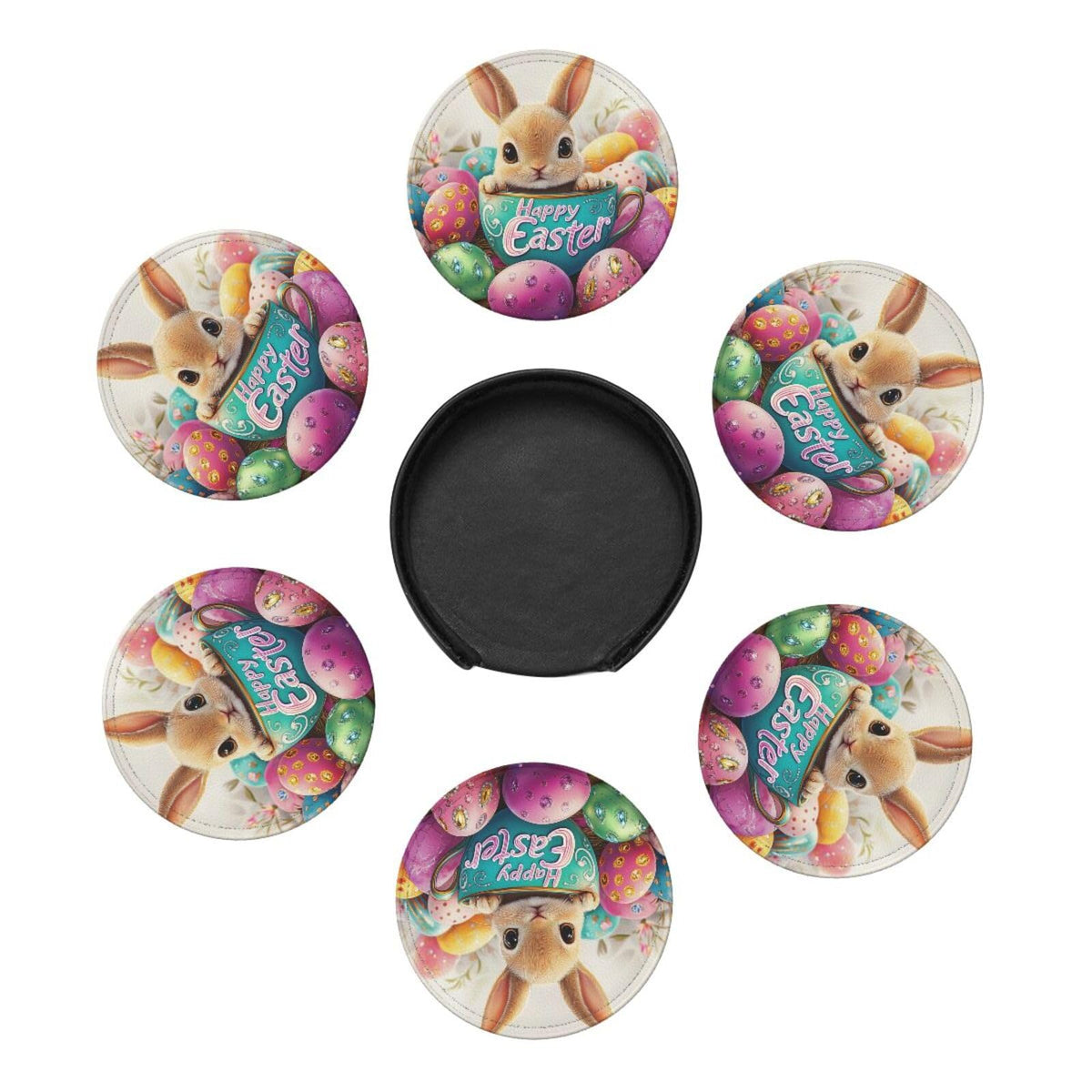 6 Pcs Easter Bunny Coasters for Drinks with Holder Round Leather Coasters Easter Coaster Sets Personalized Drink Coasters Coffee Table Cup Coaster Beer Coasters