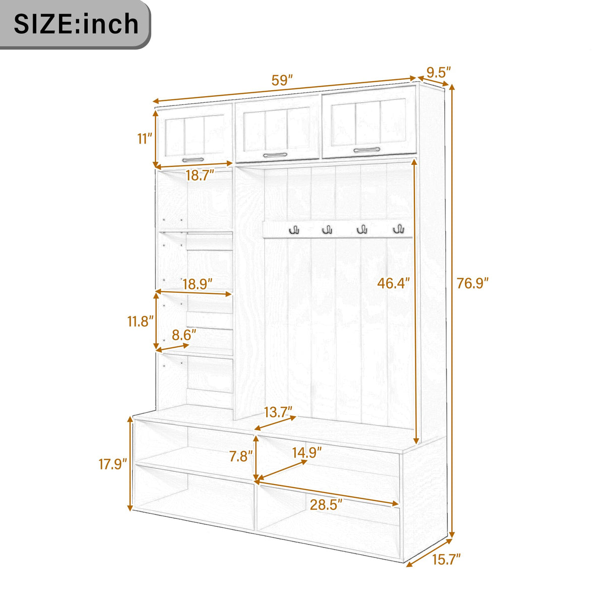 5-in-1 Hall Tree with Bench, Entryway Storage Organizer Cabinet, White