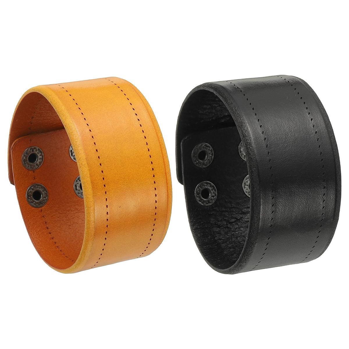 PATIKIL 1.5Inch Wide Simple Leather Wristbands, 1Set Vintage Adjustable Cuff Bracelets Wide Leather Adjustable Cuff Bracelets Two Rows of Buckles Wristband Bangle, Black/Khaki