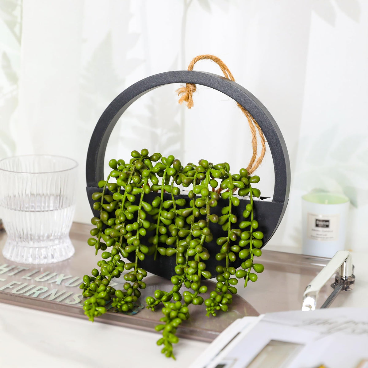 Floweroyal 2pcs Artificial Succulents Hanging Plants 12.2'' Fake String of Pearls in Pot with 8.3'' Lanyard for Indoor Outdoor Wall Decor (Black).