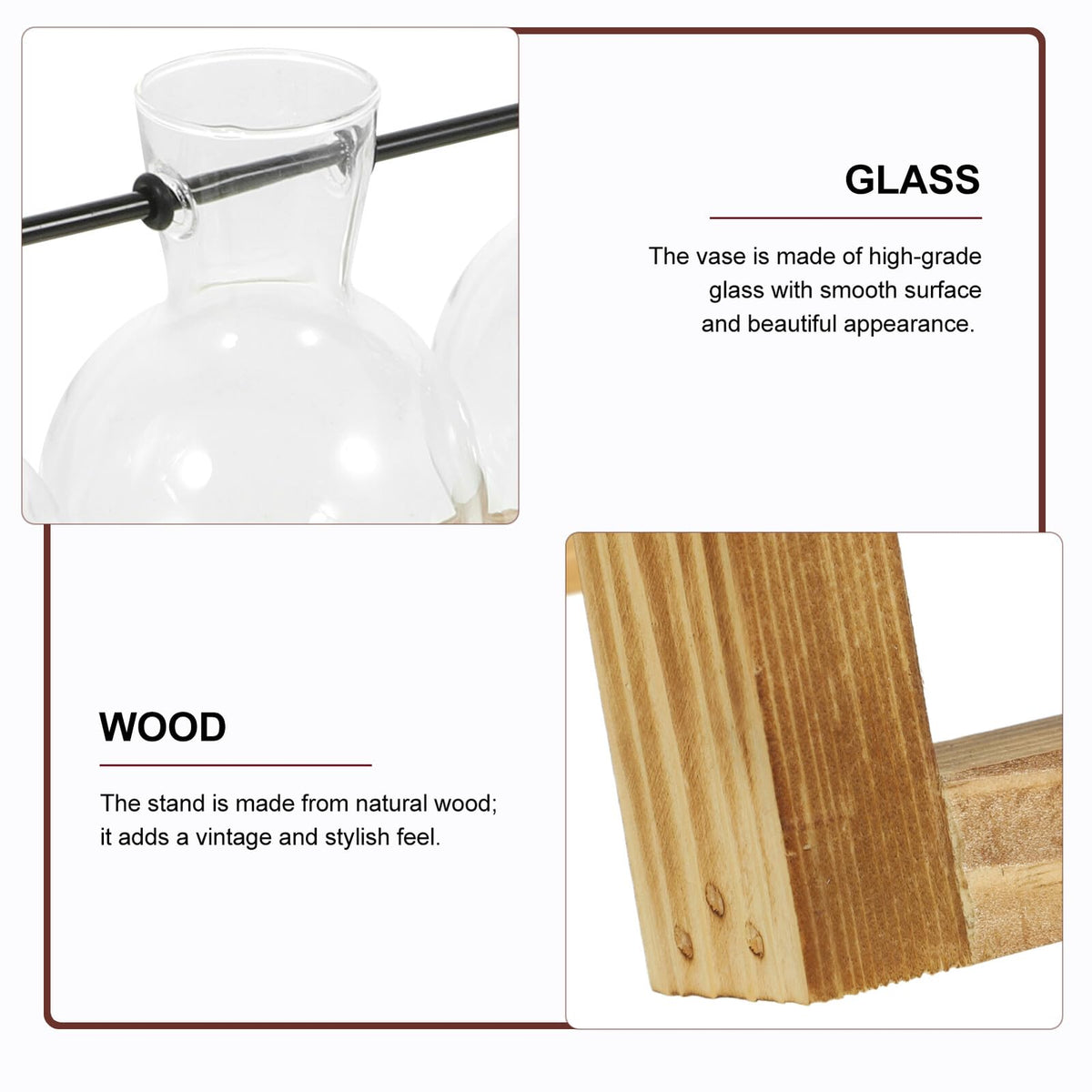 BEBEMOKO Glass Plant Propagation Station with 5 Hydroponic Vases and Wooden Stand, Glass Flower Vase Set for Desktop Indoor Plant Terrarium and Home Décor