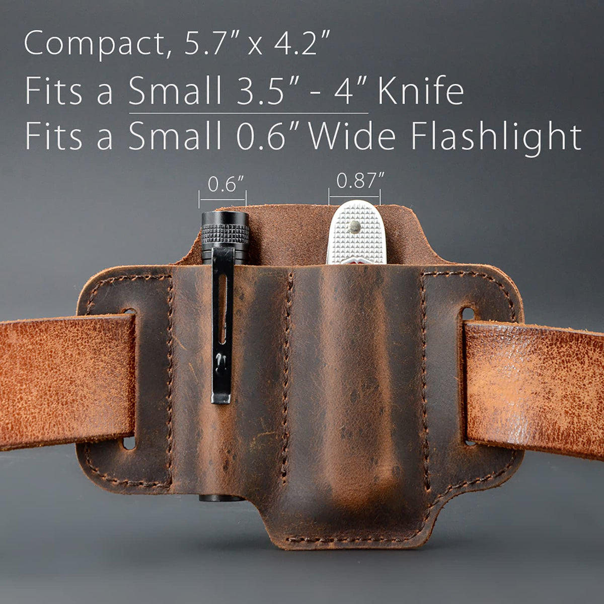EDC Leather Knife Belt Sheath Tool Pouch, Small Tools Organizer, Fit Most 3.5" -4" Victorinox Knives, Fit 0.6" Wide Flashlights, EDC Holster, EDC Gear Carrier, Premium Leather. Chestnut.