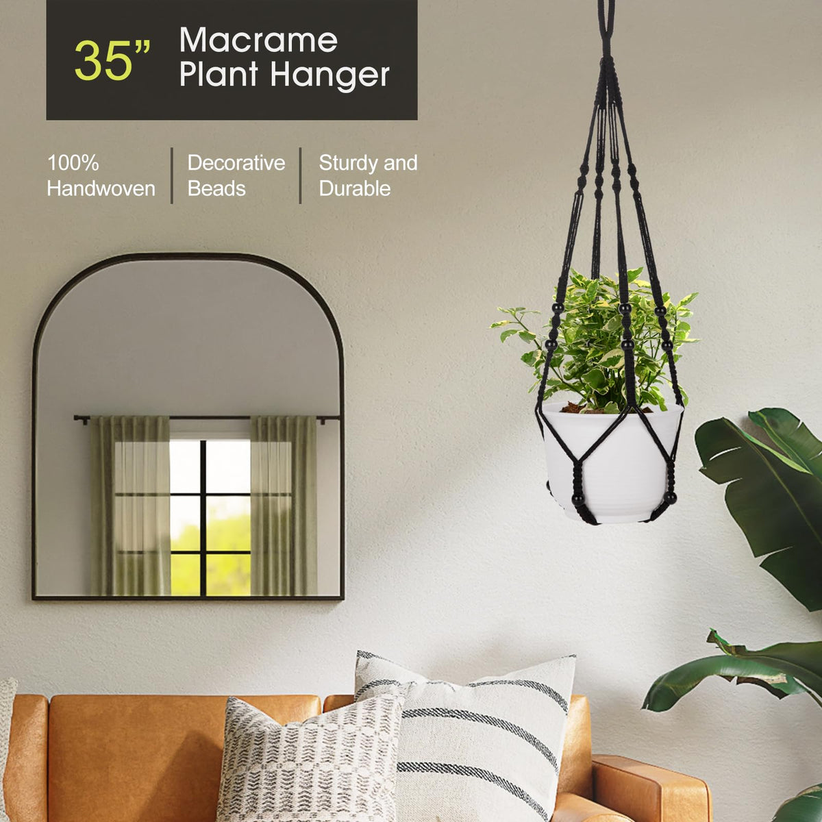 RIFNY Macrame Plant Hanger for 5 to 10 Inch Plant Pots, 35 Inch Woven Rope Hanger Kits with Hooks and Wood Beads, Hanging Planter Basket for Indoor Boho Home Decor (Black, 2 Pack)