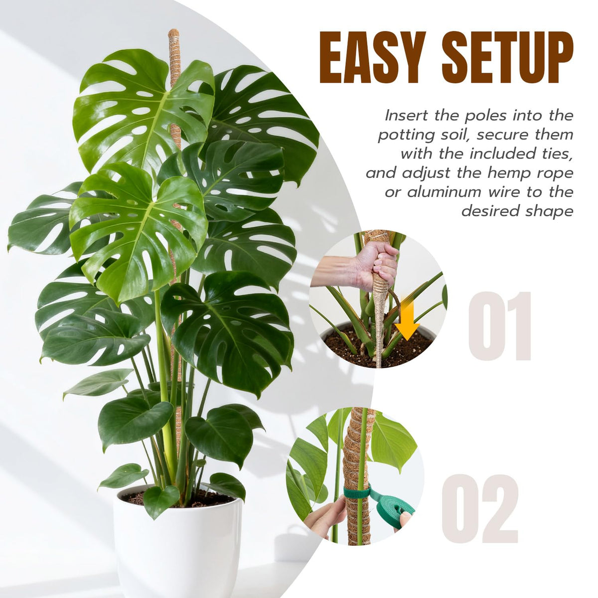Mcbazel 2 Pack 63 Inch Bendable Moss Pole for Plants Monstera - Extra Tall 5.2ft Coco Coir Plant Support Stakes for Large Indoor Climbing Vines - Flexible Totem Stick Kit with Rope, Wire & Ties