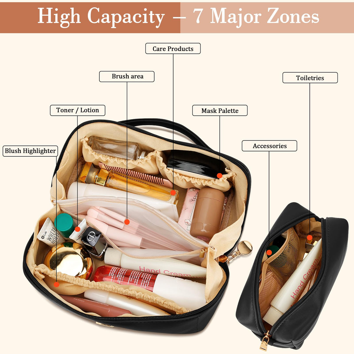 CLOUDWINGS Birthday Gifts for Women Teen Girl, Personalized Initial Makeup Organizer Bag Set, Open Flat Travel Cosmetic Bag With Clear Divider and Handle(Black,A)