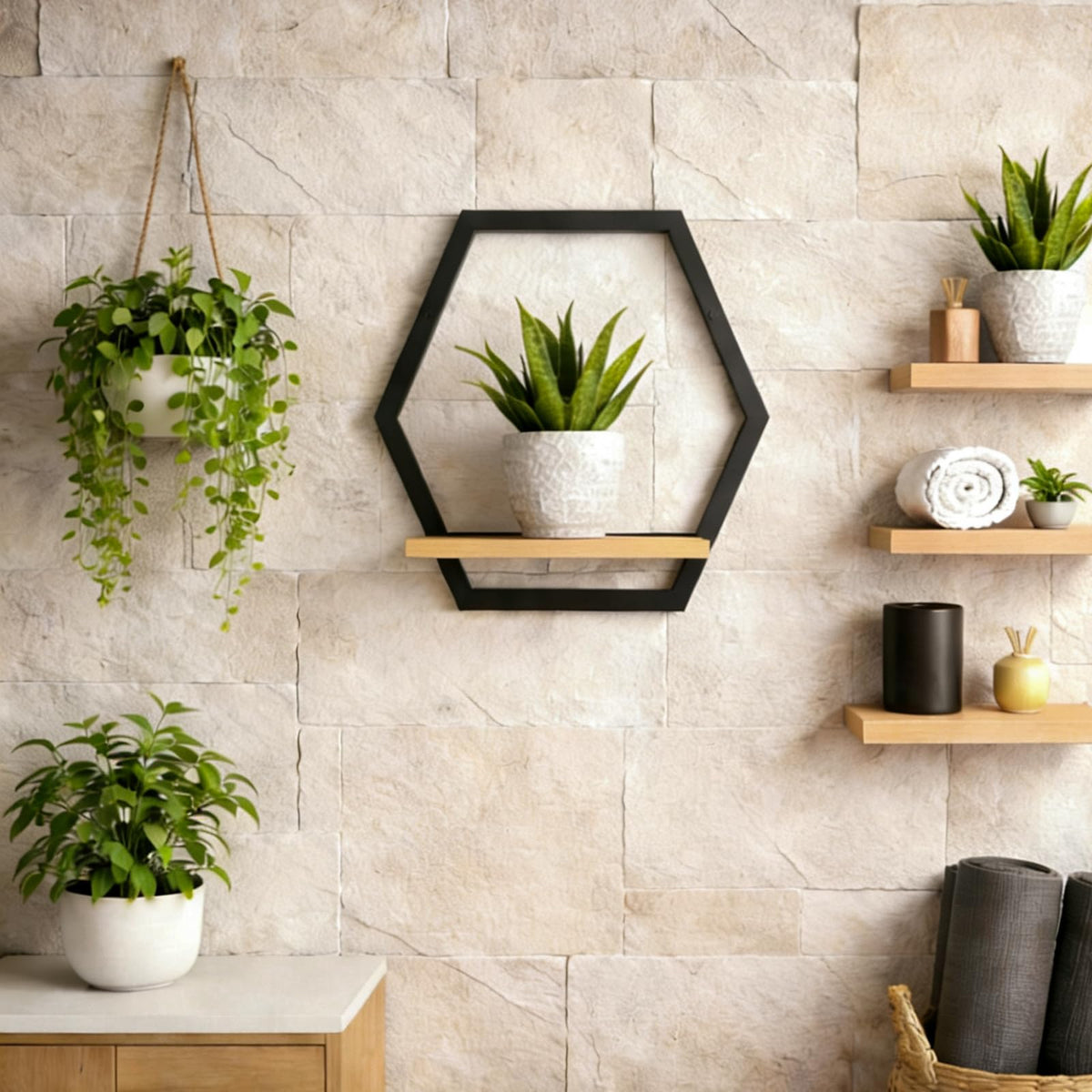 Rioneta 3 Pack Solid Wood & Heavy Duty Metal Wall Plant Stands,9 inch Natural Wood Shelf, Boho Arch Hanging Planter for Indoor 25 LB Load for Plants Black
